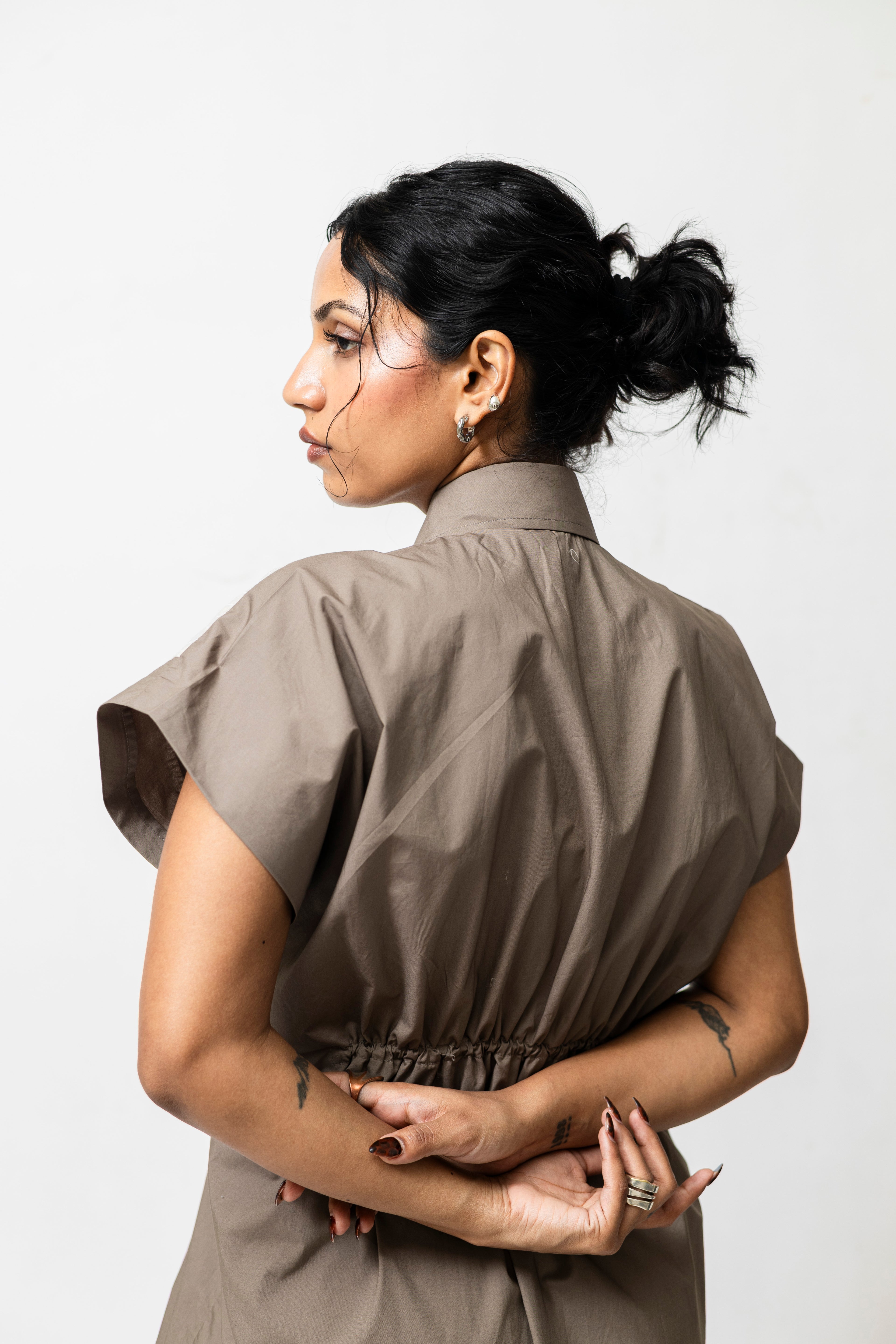 Poplin Panelled Shirt Dress with Striped Pleats – Beige