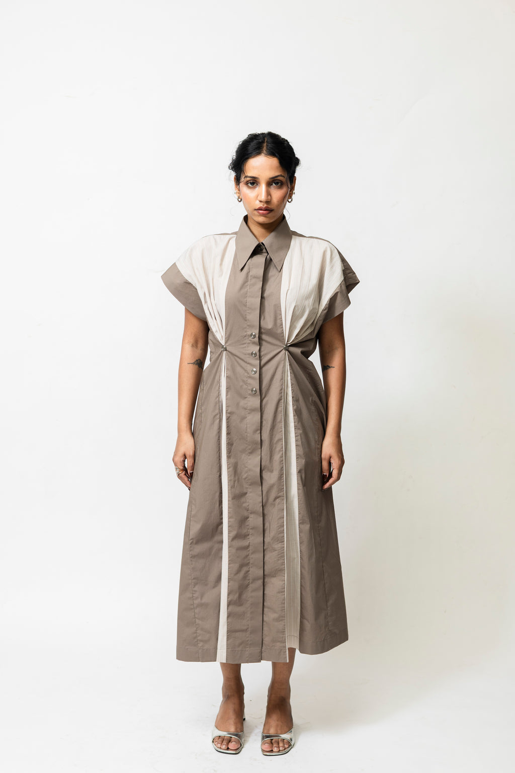 Poplin Panelled Shirt Dress with Striped Pleats – Beige