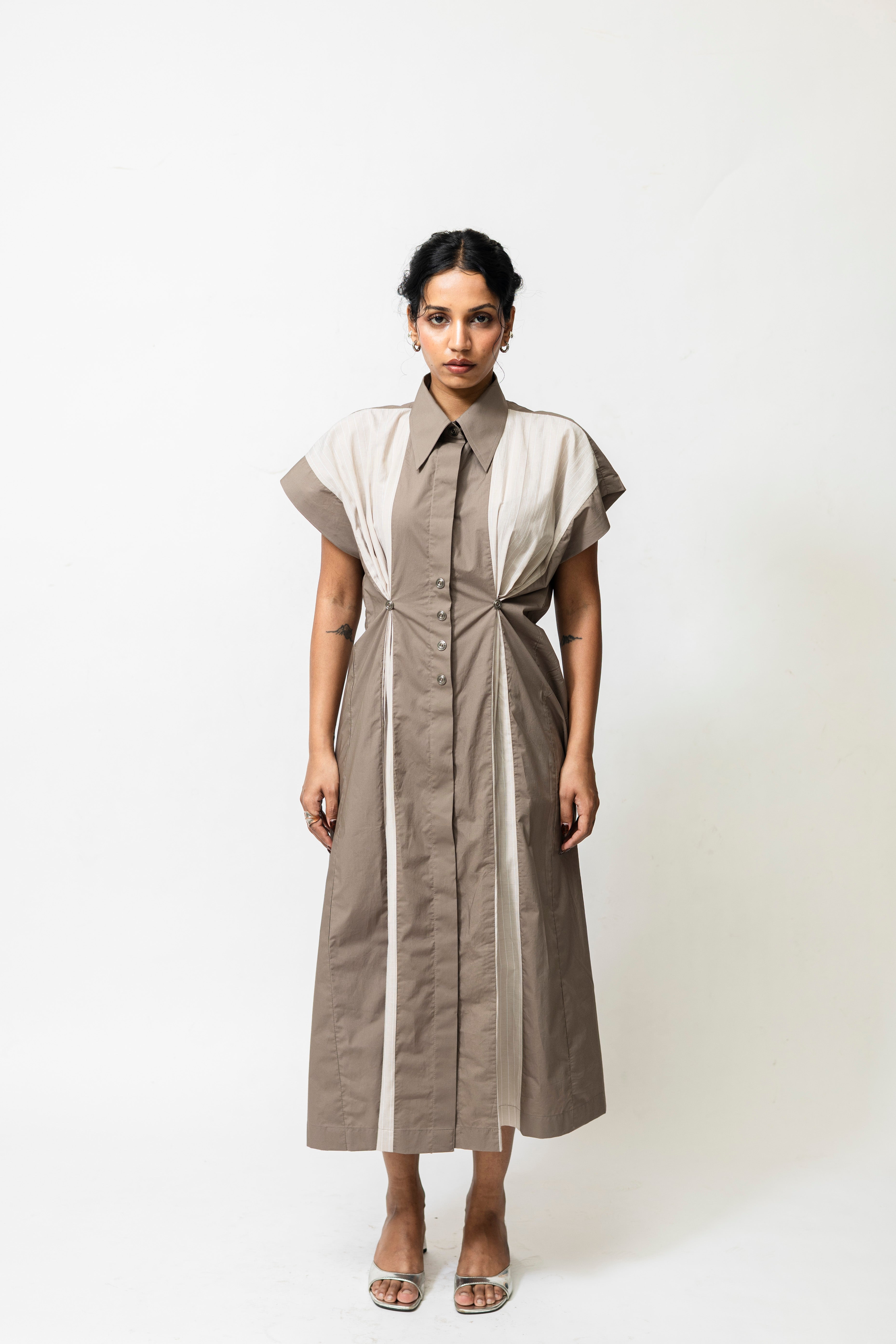 Poplin Panelled Shirt Dress with Striped Pleats – Beige