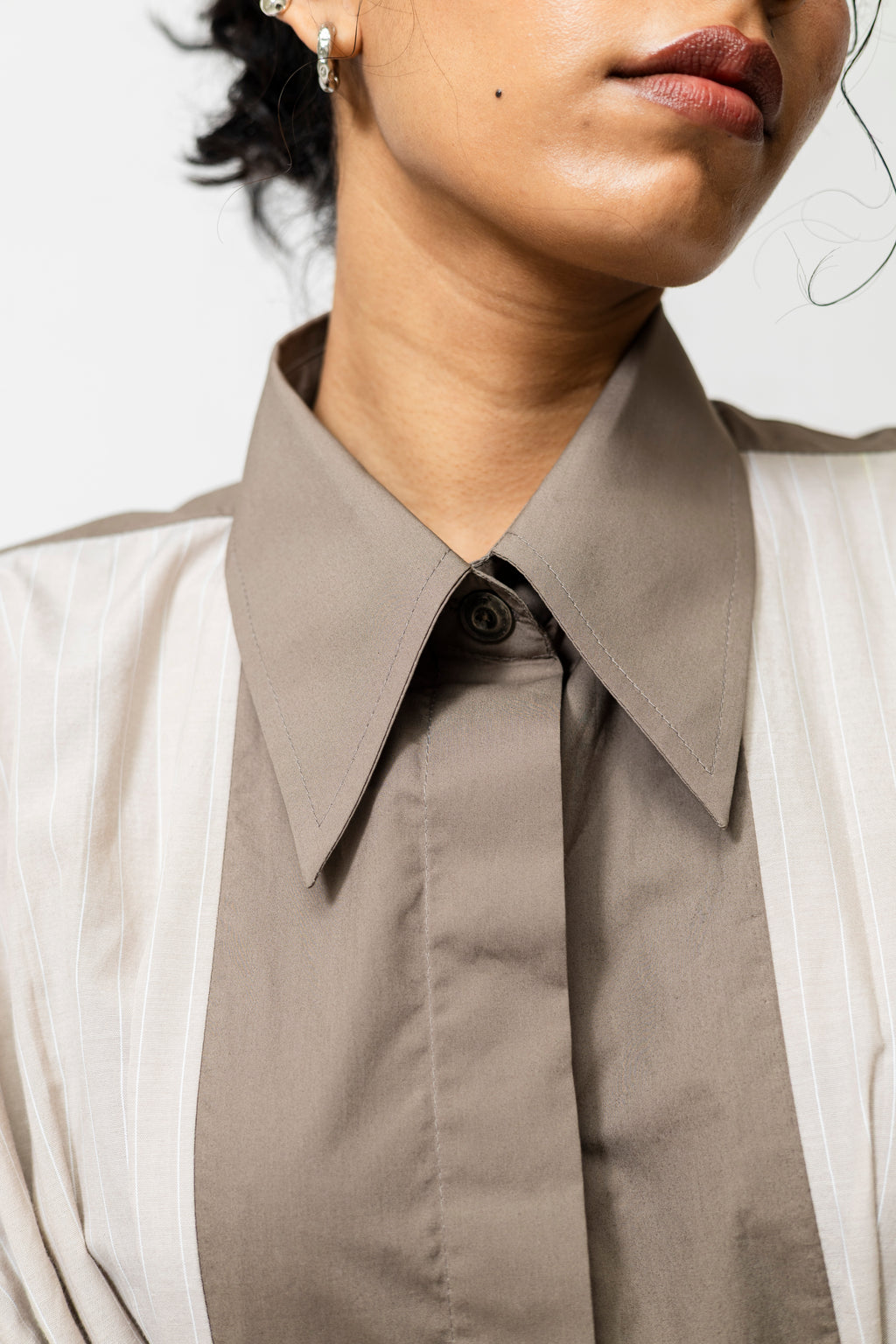 Poplin Panelled Shirt Dress with Striped Pleats – Beige