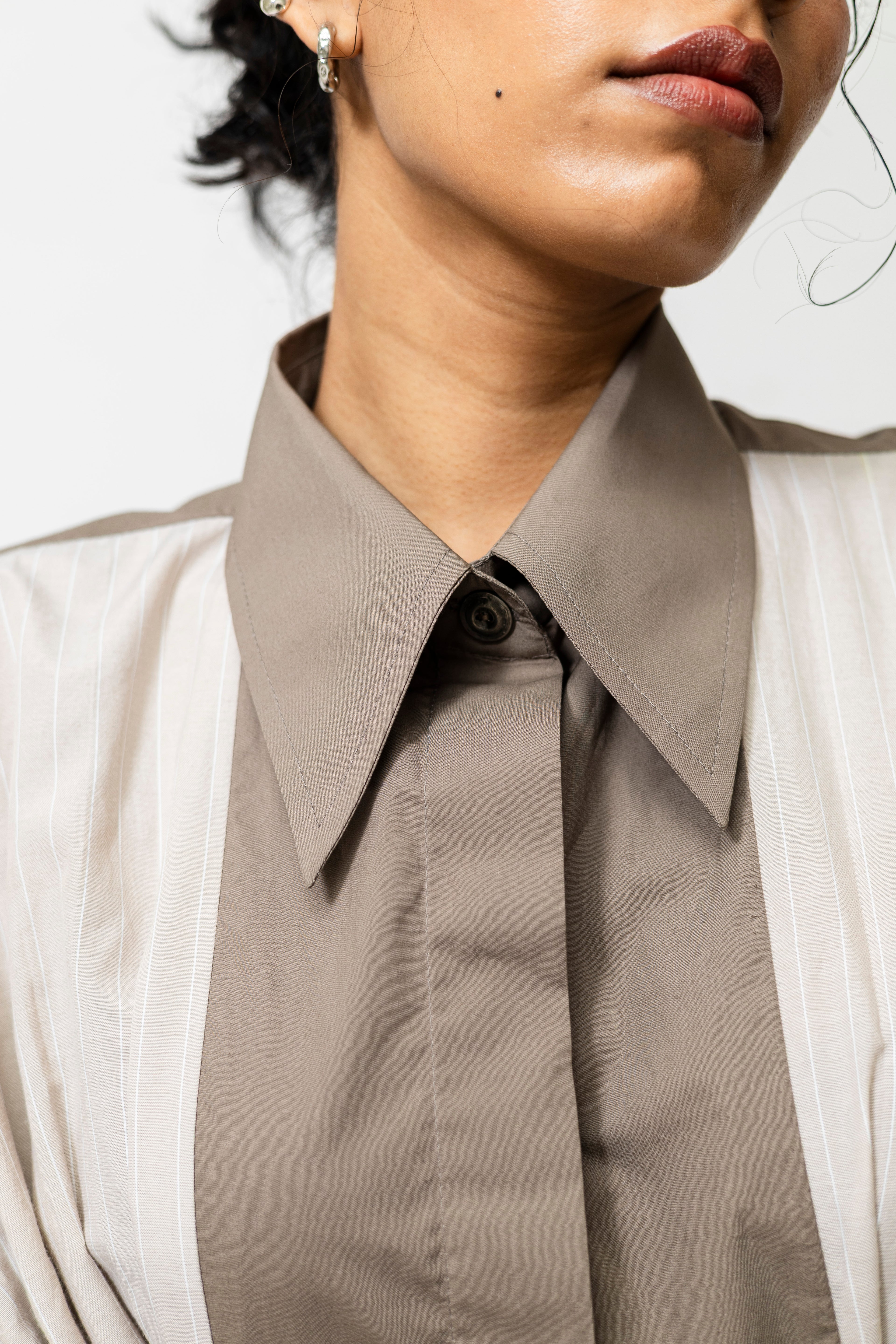 Poplin Panelled Shirt Dress with Striped Pleats – Beige