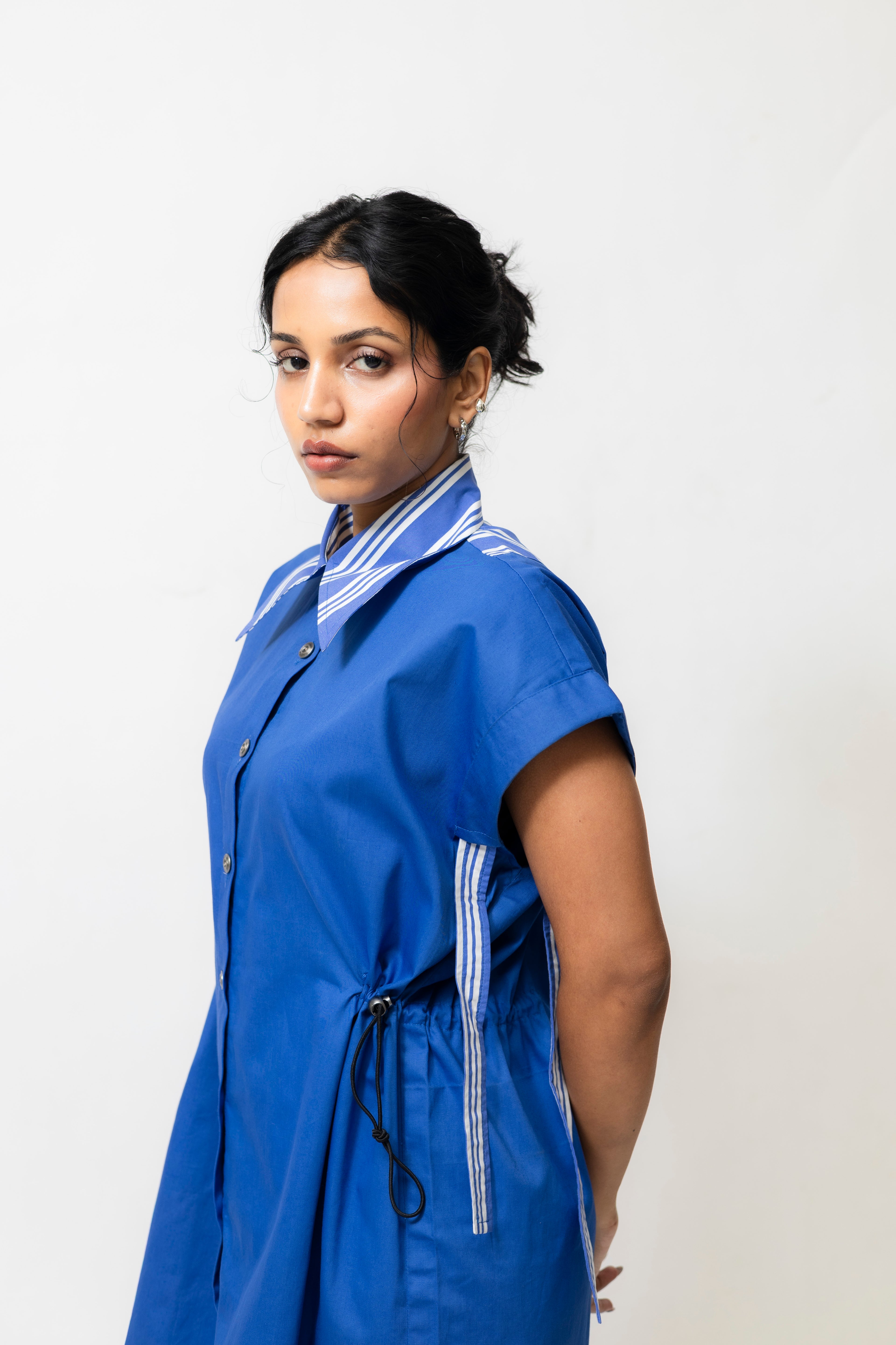 Cotton Shirt Dress with Cinch Waist & Stripe Detail – Blue