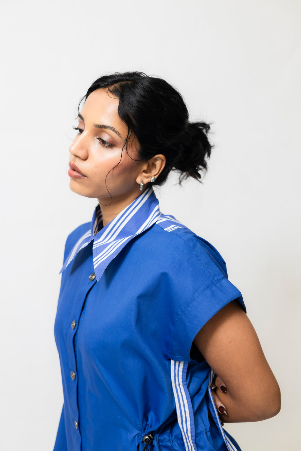 Cotton Shirt Dress with Cinch Waist & Stripe Detail – Blue