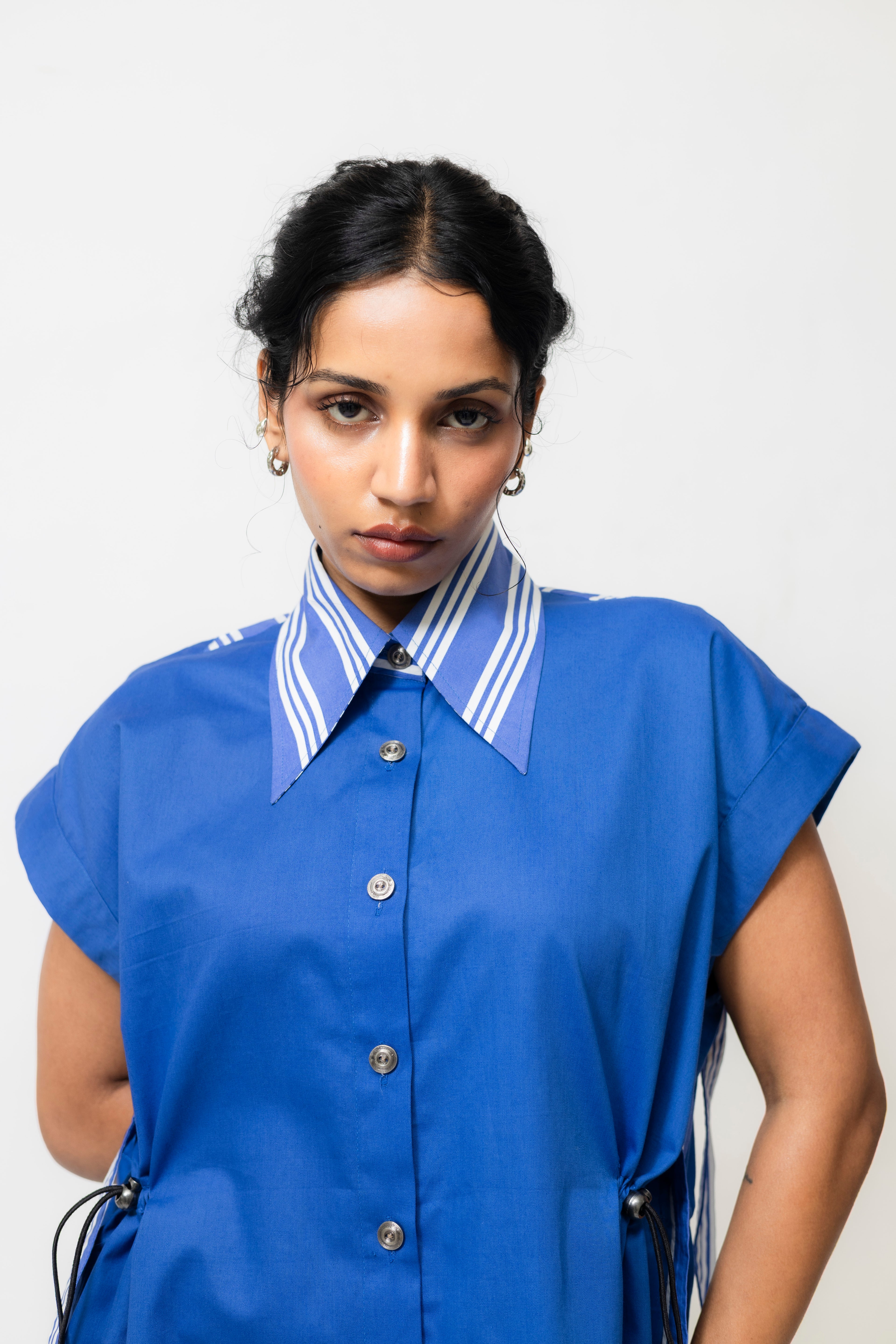 Cotton Shirt Dress with Cinch Waist & Stripe Detail – Blue