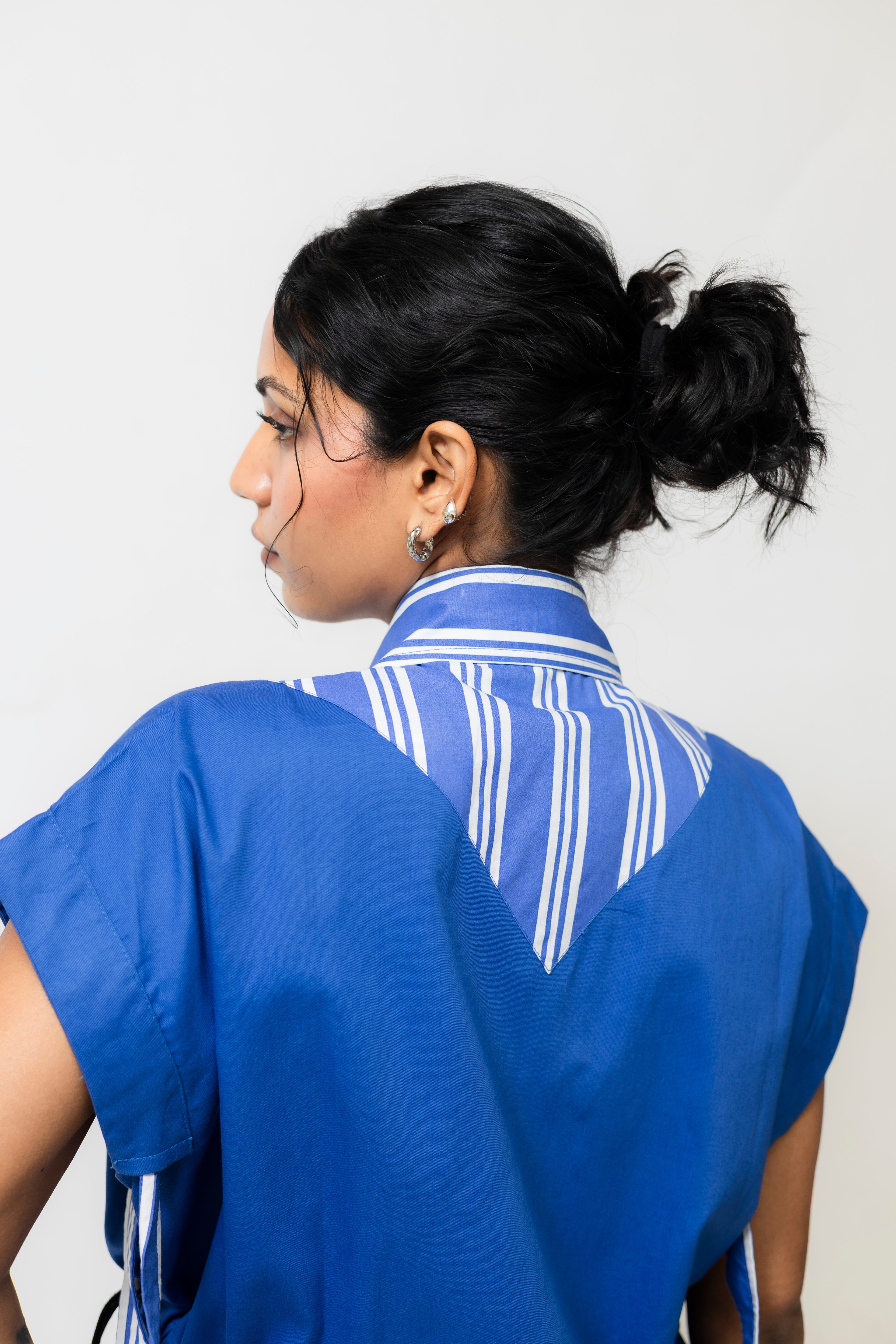 Cotton Shirt Dress with Cinch Waist & Stripe Detail – Blue