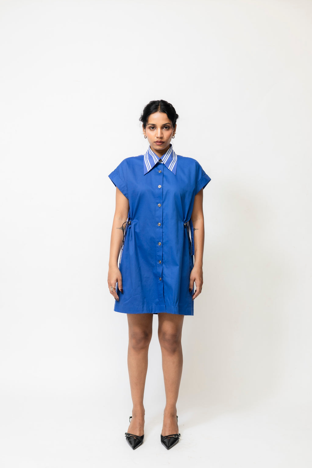 Cotton Shirt Dress with Cinch Waist & Stripe Detail – Blue