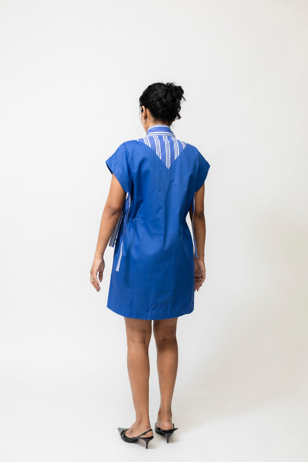 Cotton Shirt Dress with Cinch Waist & Stripe Detail – Blue