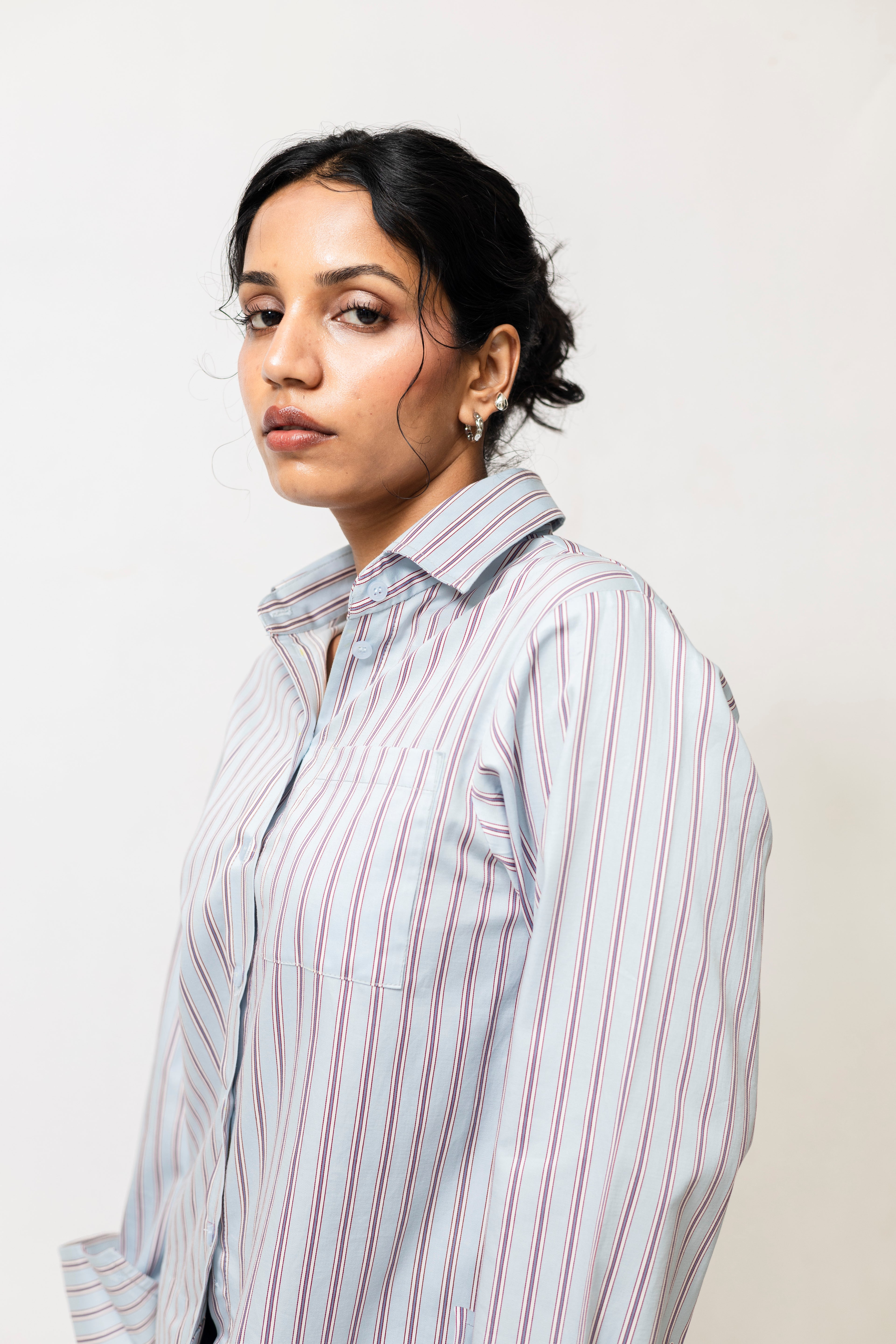 Women’s Striped Cotton Blend Shirt with Detachable Lace Hem | Blue & Red