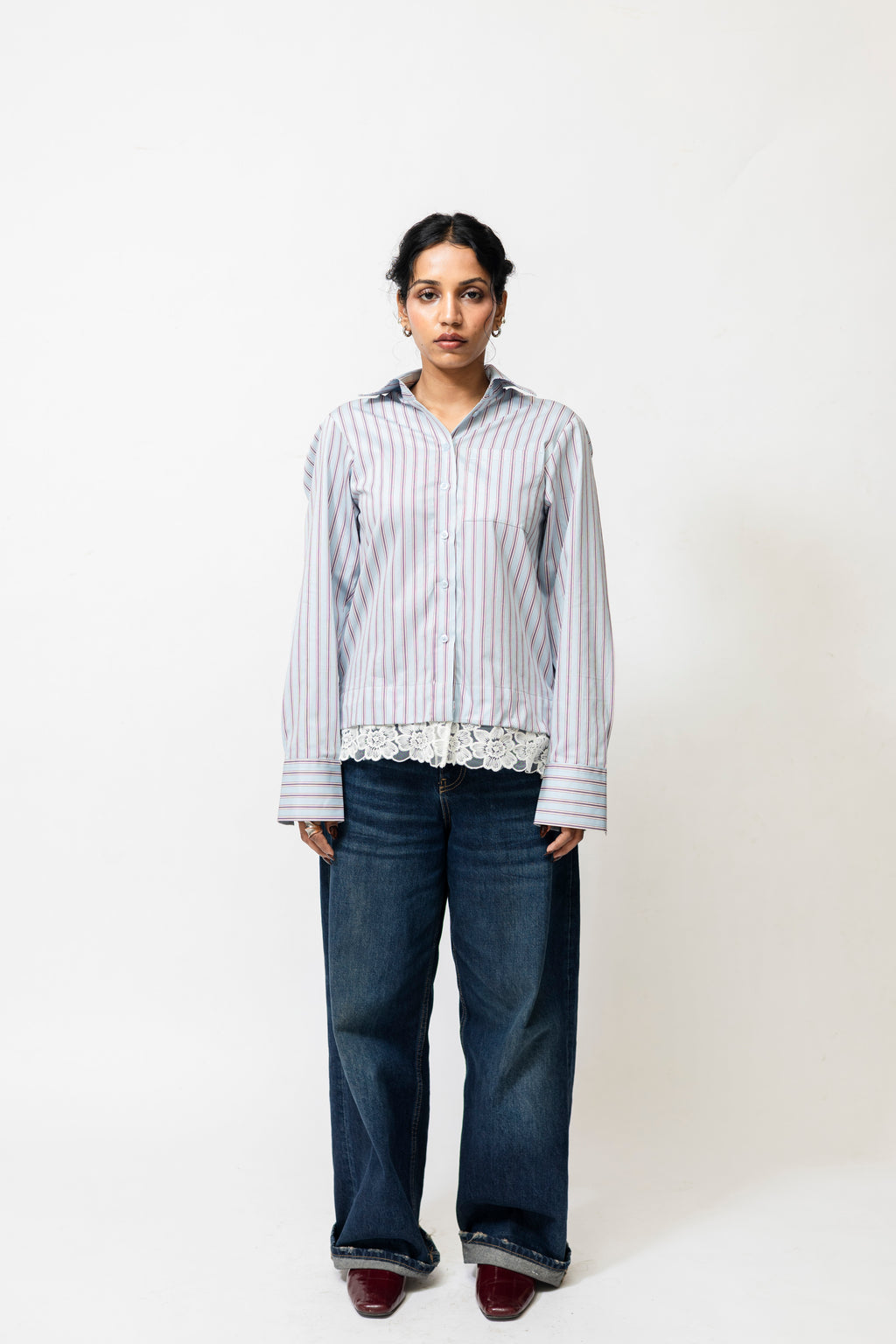 Women’s Striped Cotton Blend Shirt with Detachable Lace Hem | Blue & Red