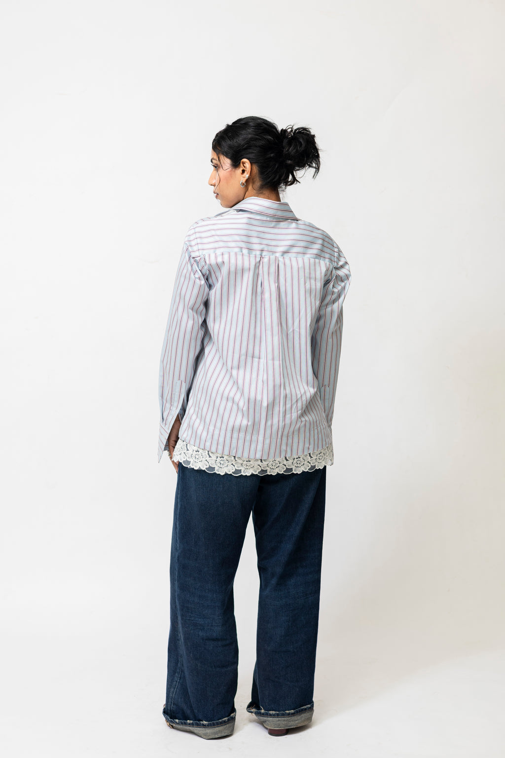 Women’s Striped Cotton Blend Shirt with Detachable Lace Hem | Blue & Red