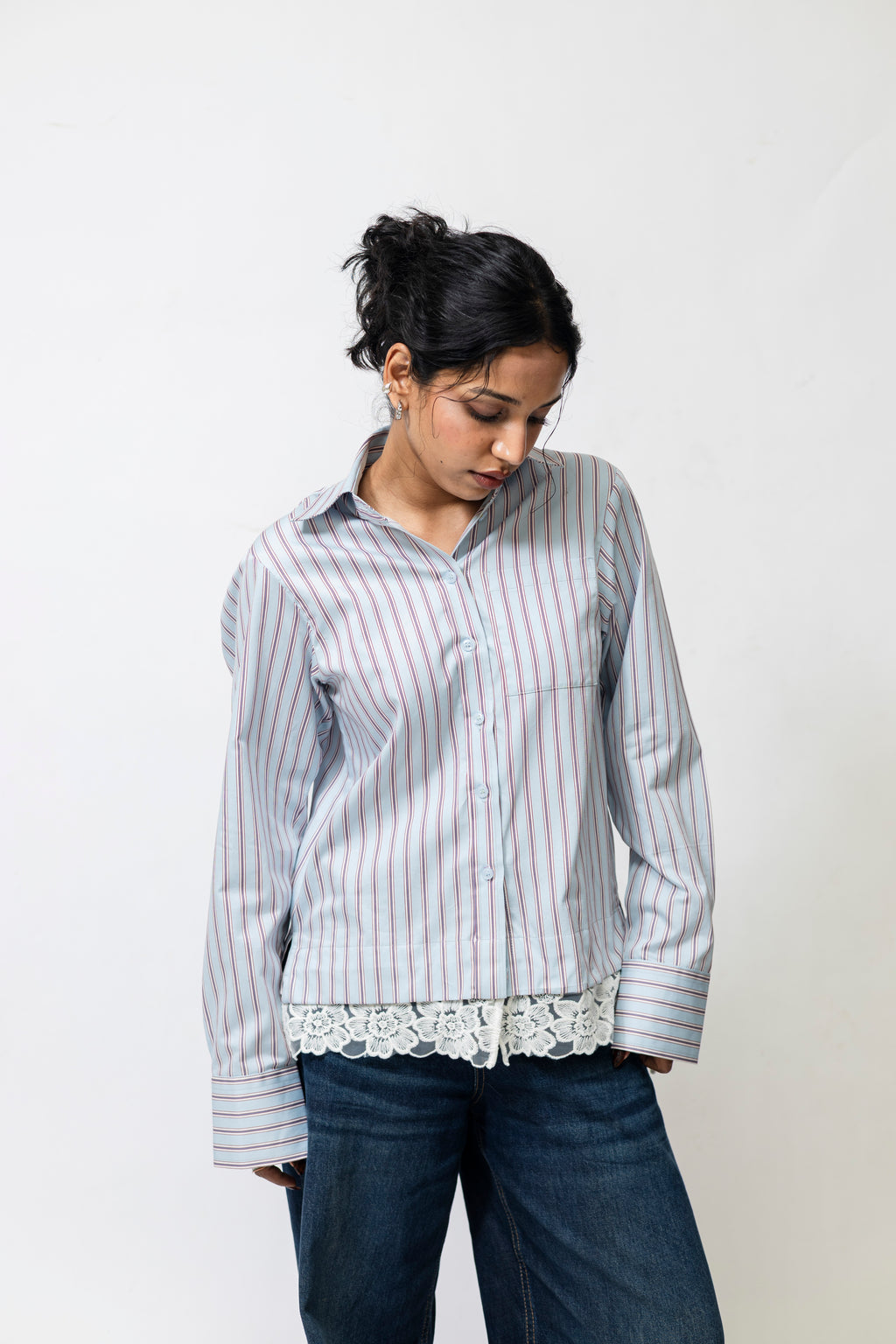 Women’s Striped Cotton Blend Shirt with Detachable Lace Hem | Blue & Red