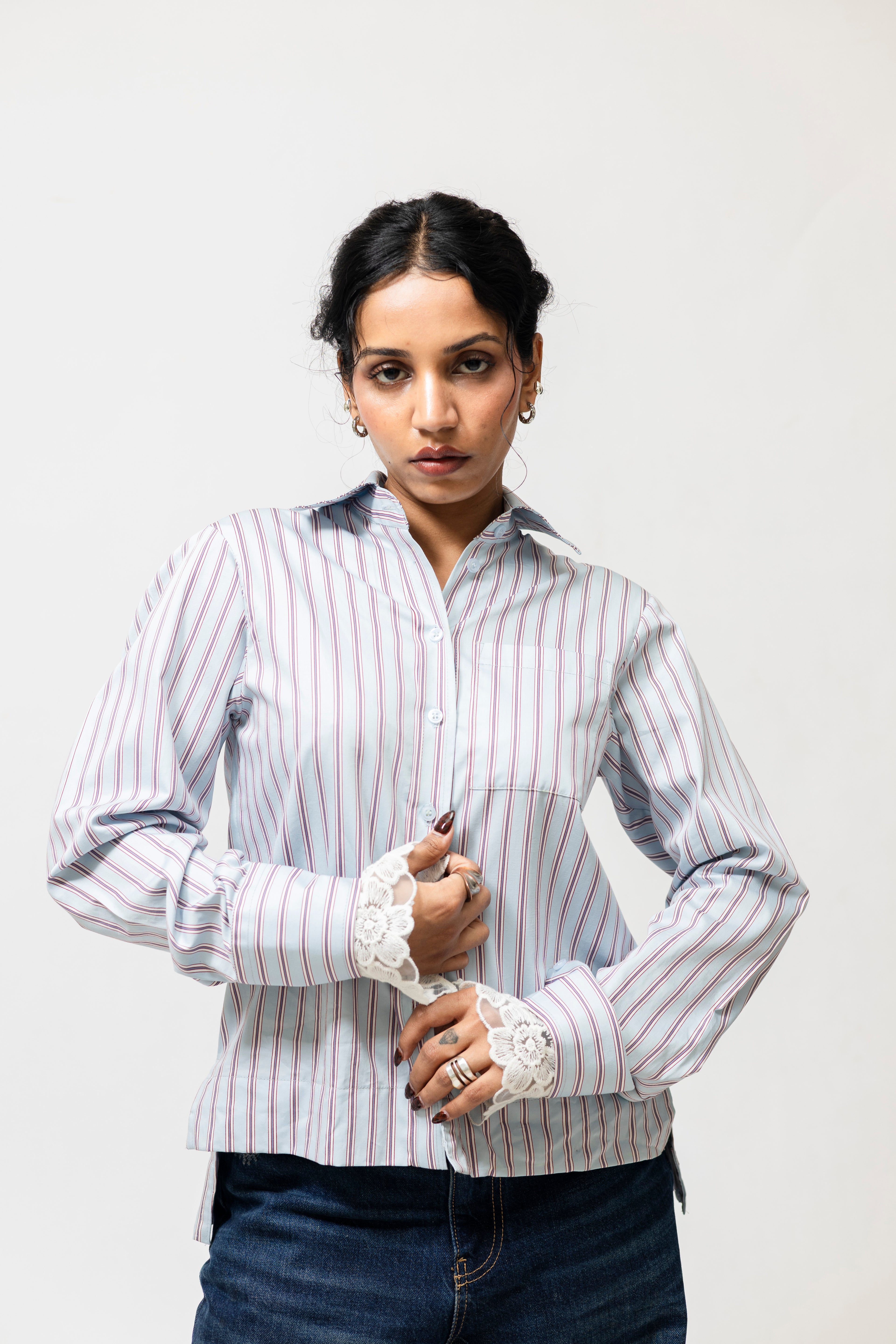 Women’s Striped Cotton Blend Shirt with Detachable Lace Hem | Blue & Red