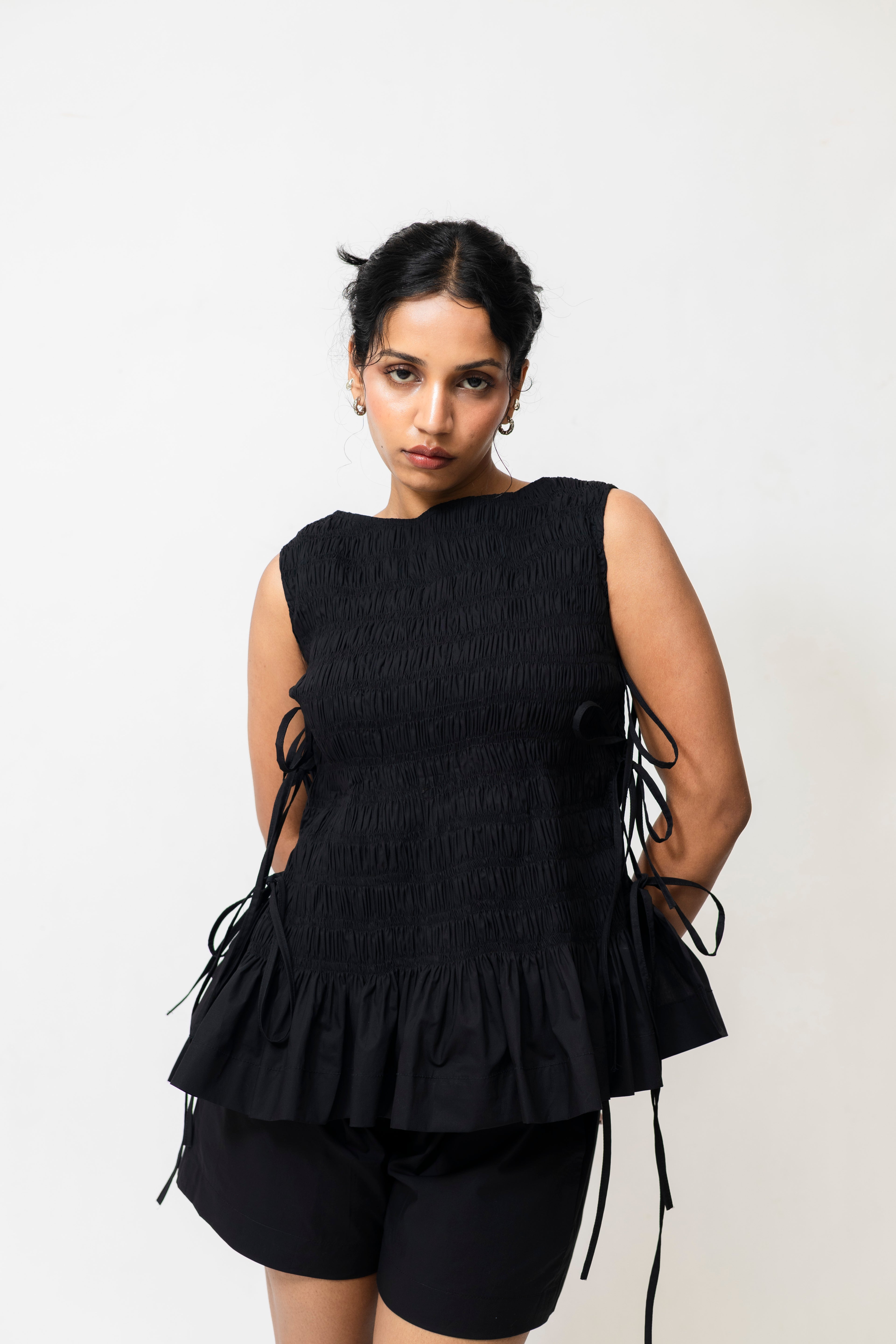 Black Ruched Cotton Top with Side Tie-Up & Ruffle Hem
