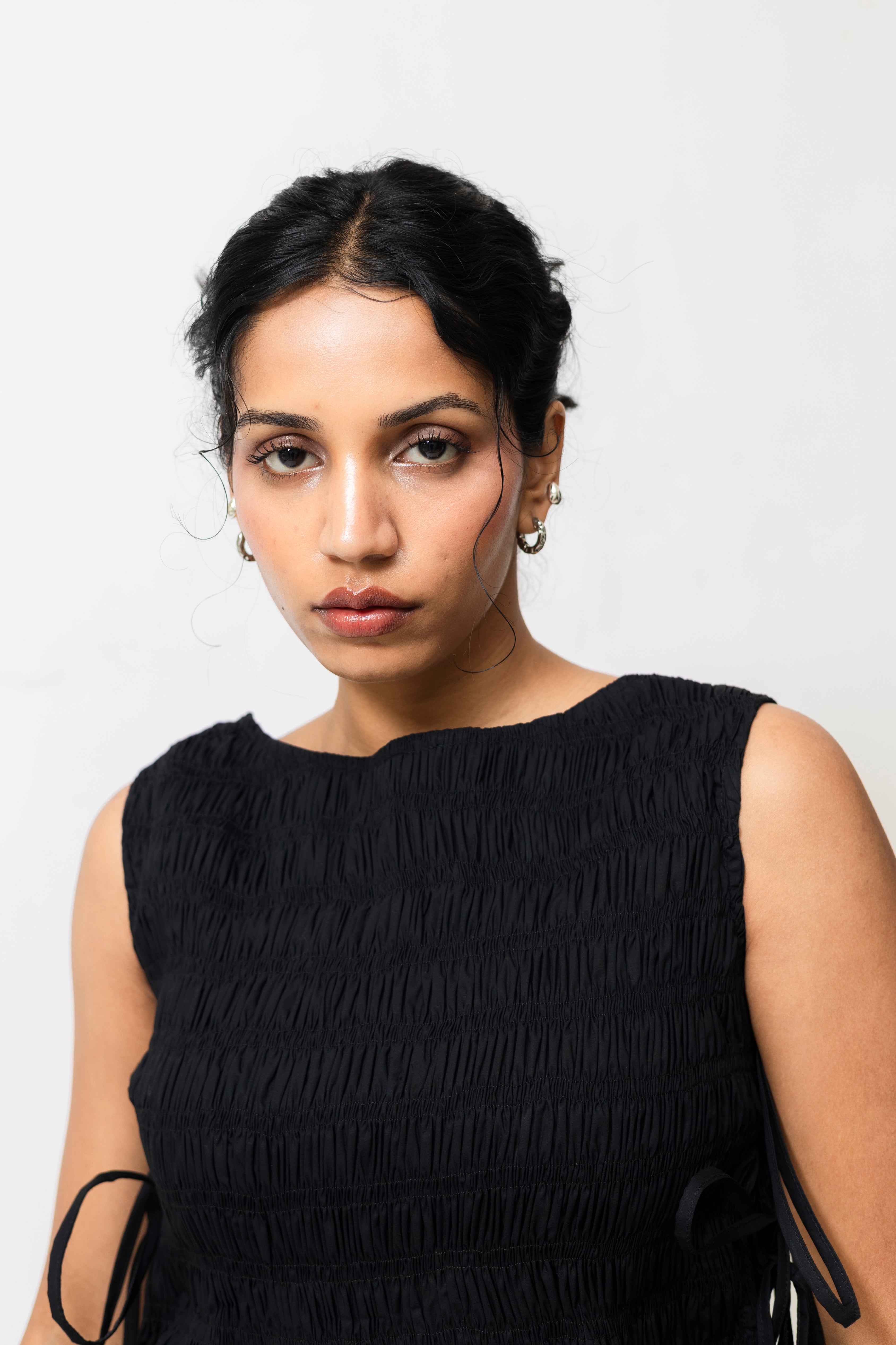 Black Ruched Cotton Top with Side Tie-Up & Ruffle Hem