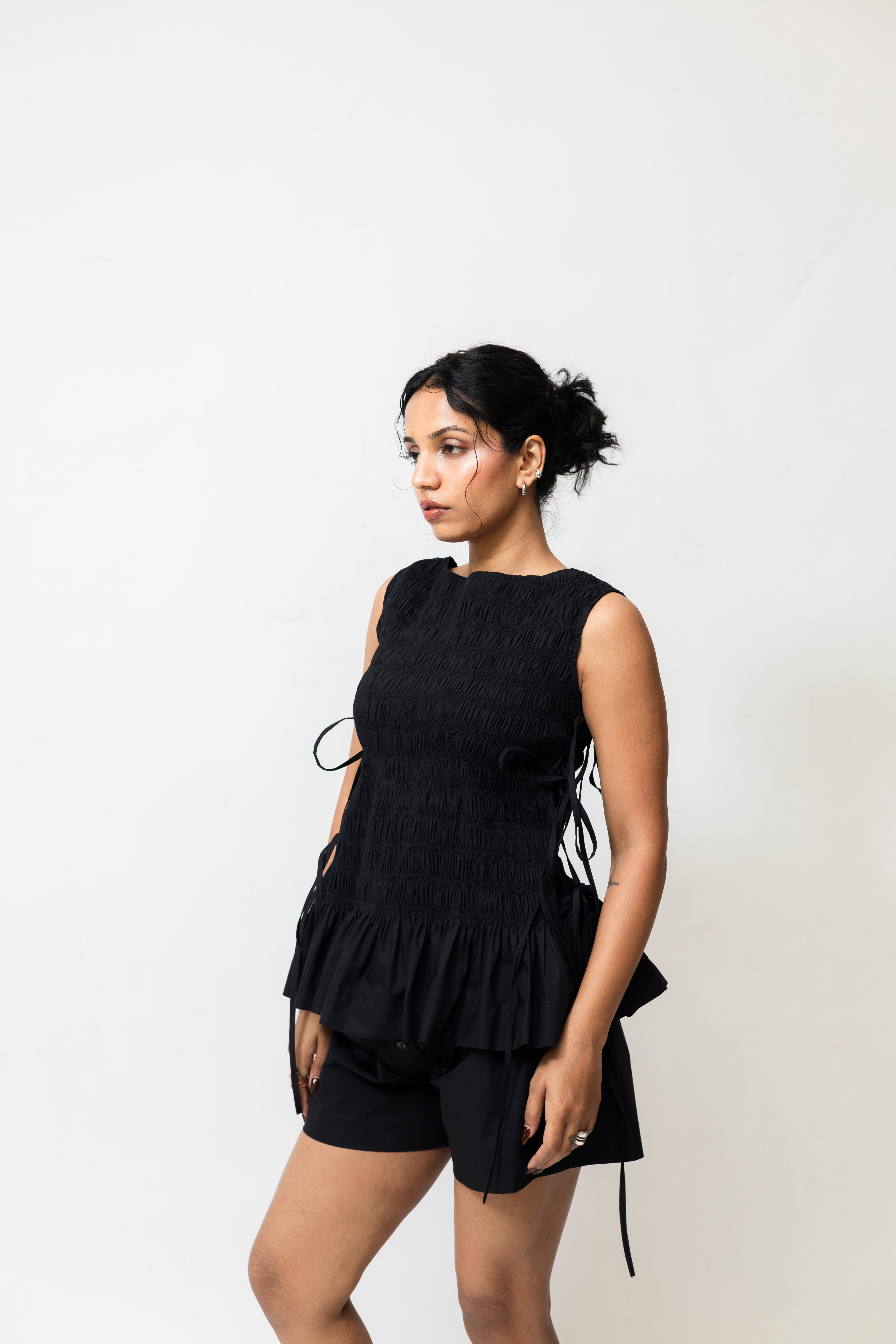 Black Ruched Cotton Top with Side Tie-Up & Ruffle Hem