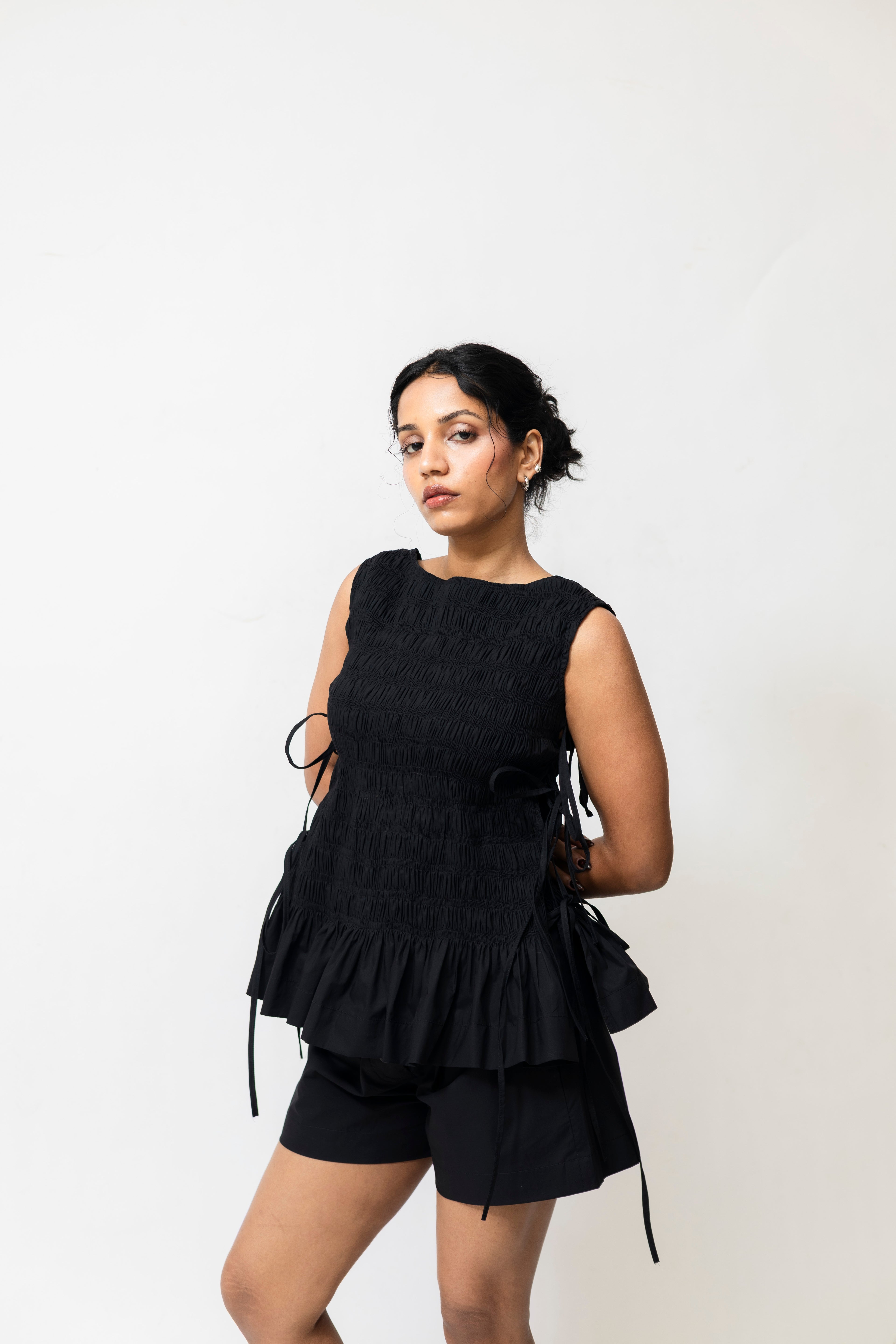 Black Ruched Cotton Top with Side Tie-Up & Ruffle Hem