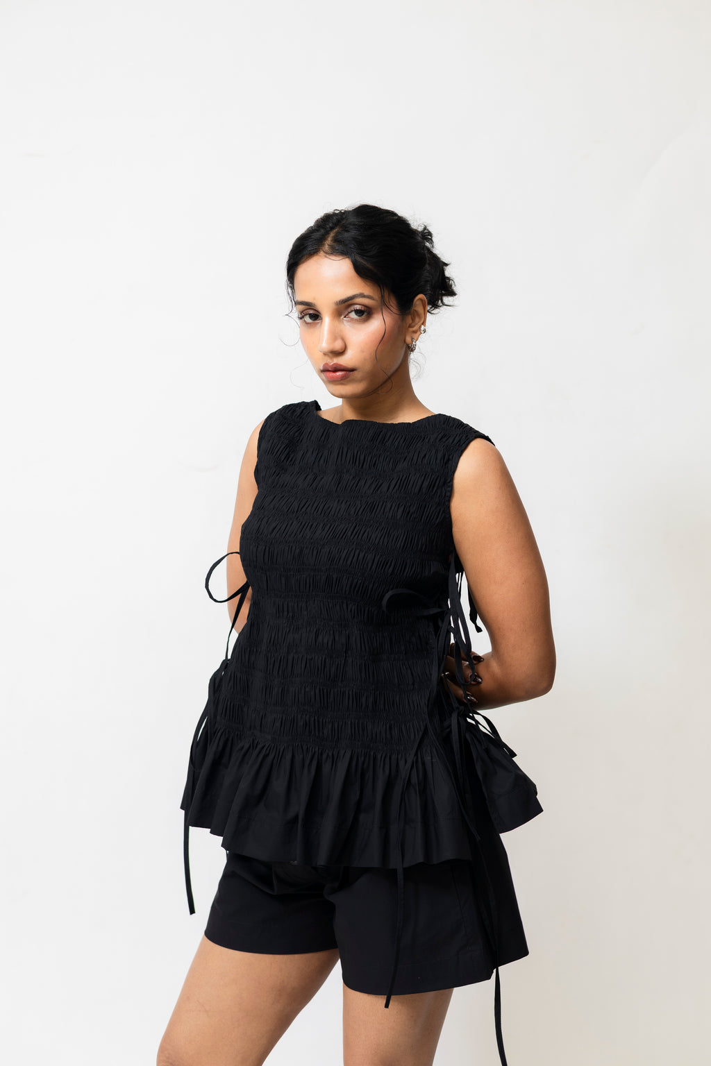 Black Cotton Boxer Shorts with Elastic Waist & Button Detail