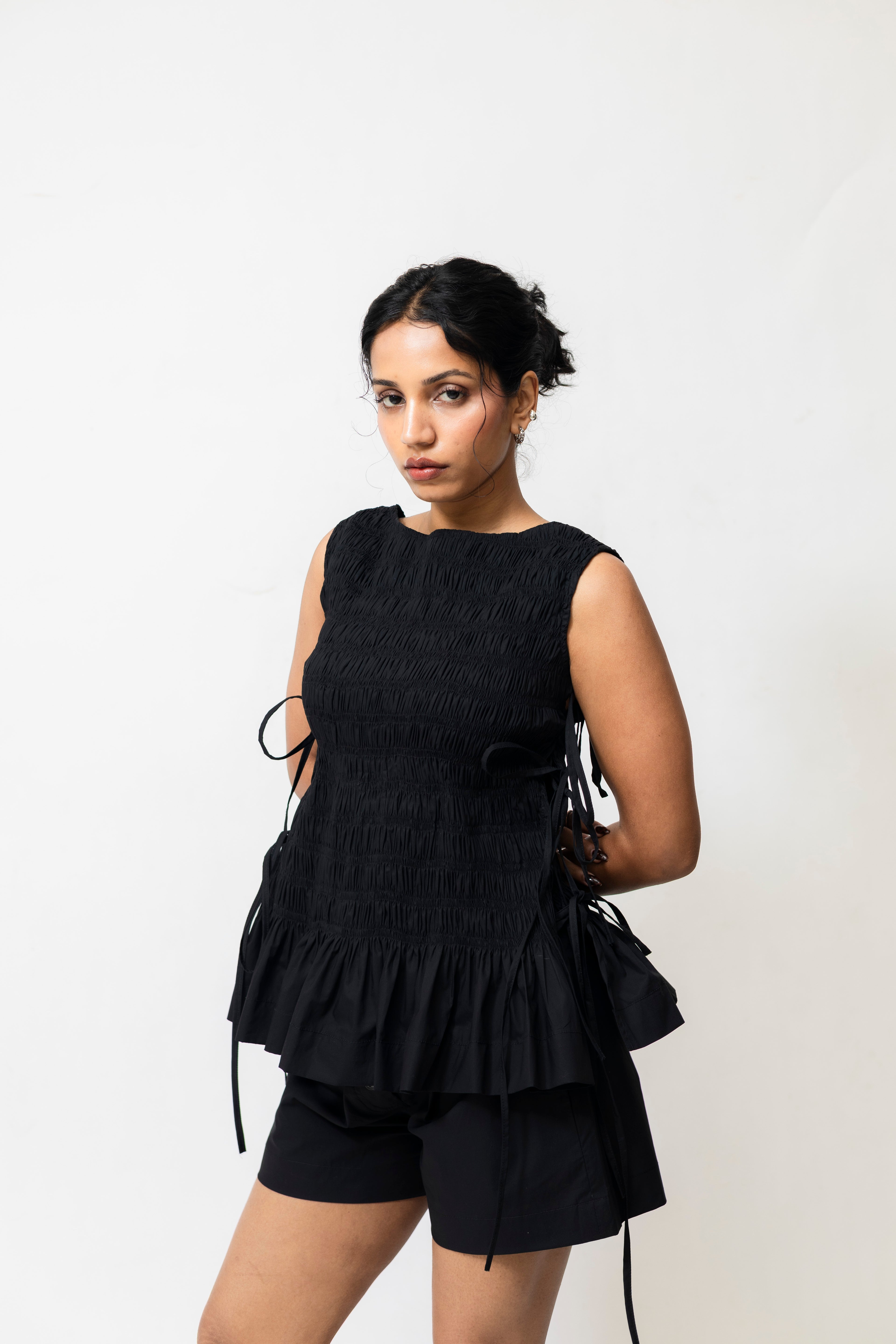 Black Cotton Boxer Shorts with Elastic Waist & Button Detail