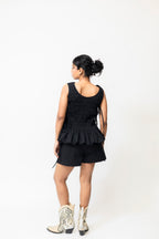 Black Ruched Cotton Top with Side Tie-Up & Ruffle Hem