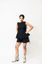 Black Ruched Cotton Top with Side Tie-Up & Ruffle Hem