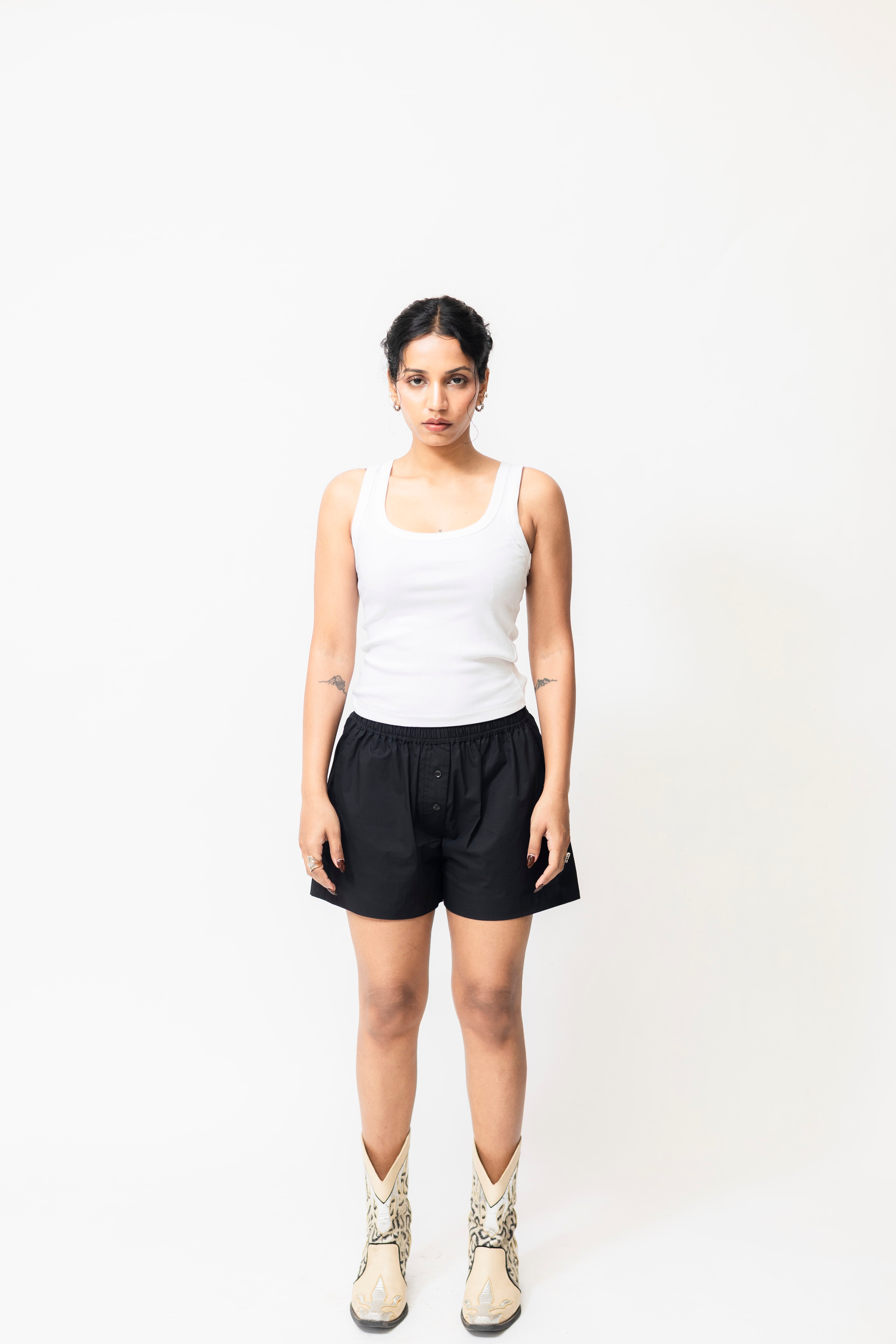 Black Cotton Boxer Shorts with Elastic Waist & Button Detail
