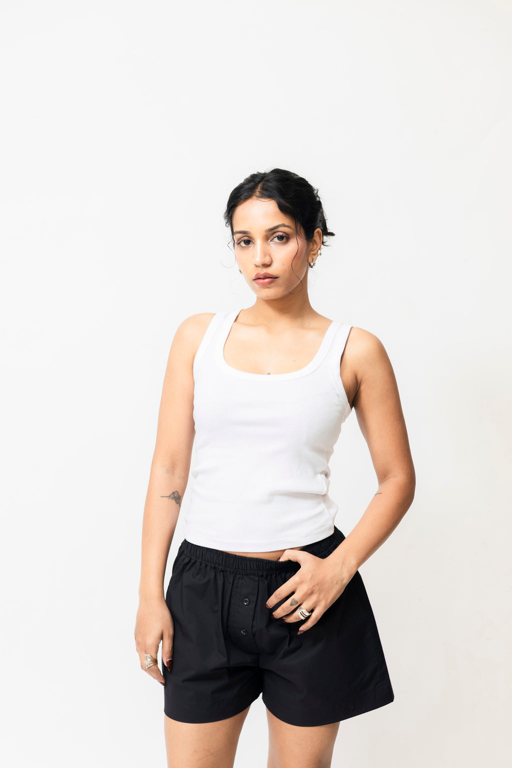 Black Cotton Boxer Shorts with Elastic Waist & Button Detail