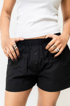 Black Cotton Boxer Shorts with Elastic Waist & Button Detail