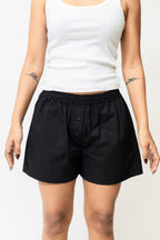Black Cotton Boxer Shorts with Elastic Waist & Button Detail