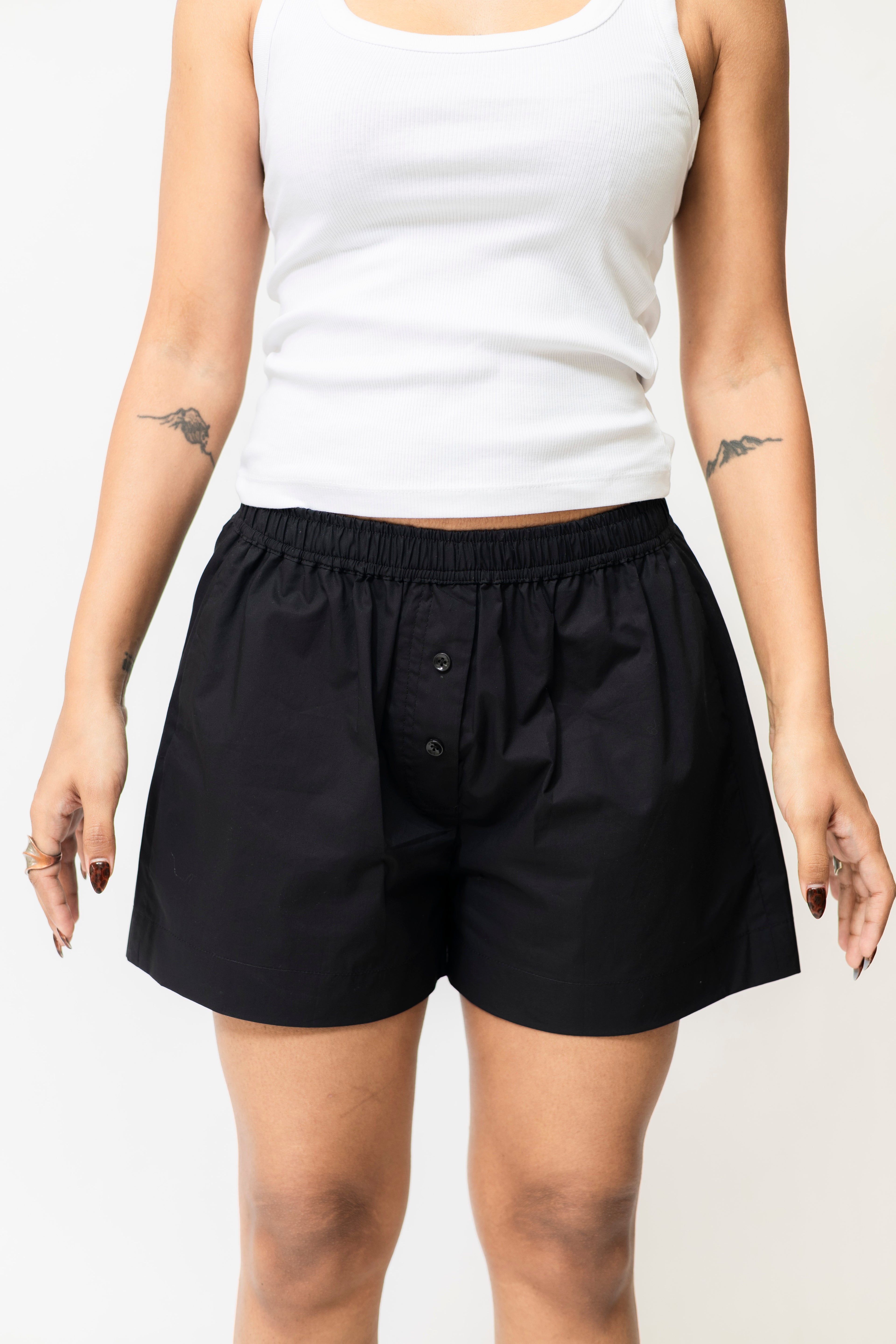 Black Cotton Boxer Shorts with Elastic Waist & Button Detail