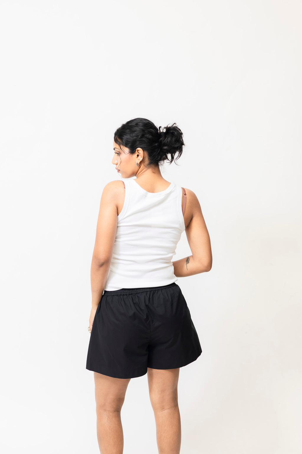 Black Cotton Boxer Shorts with Elastic Waist & Button Detail