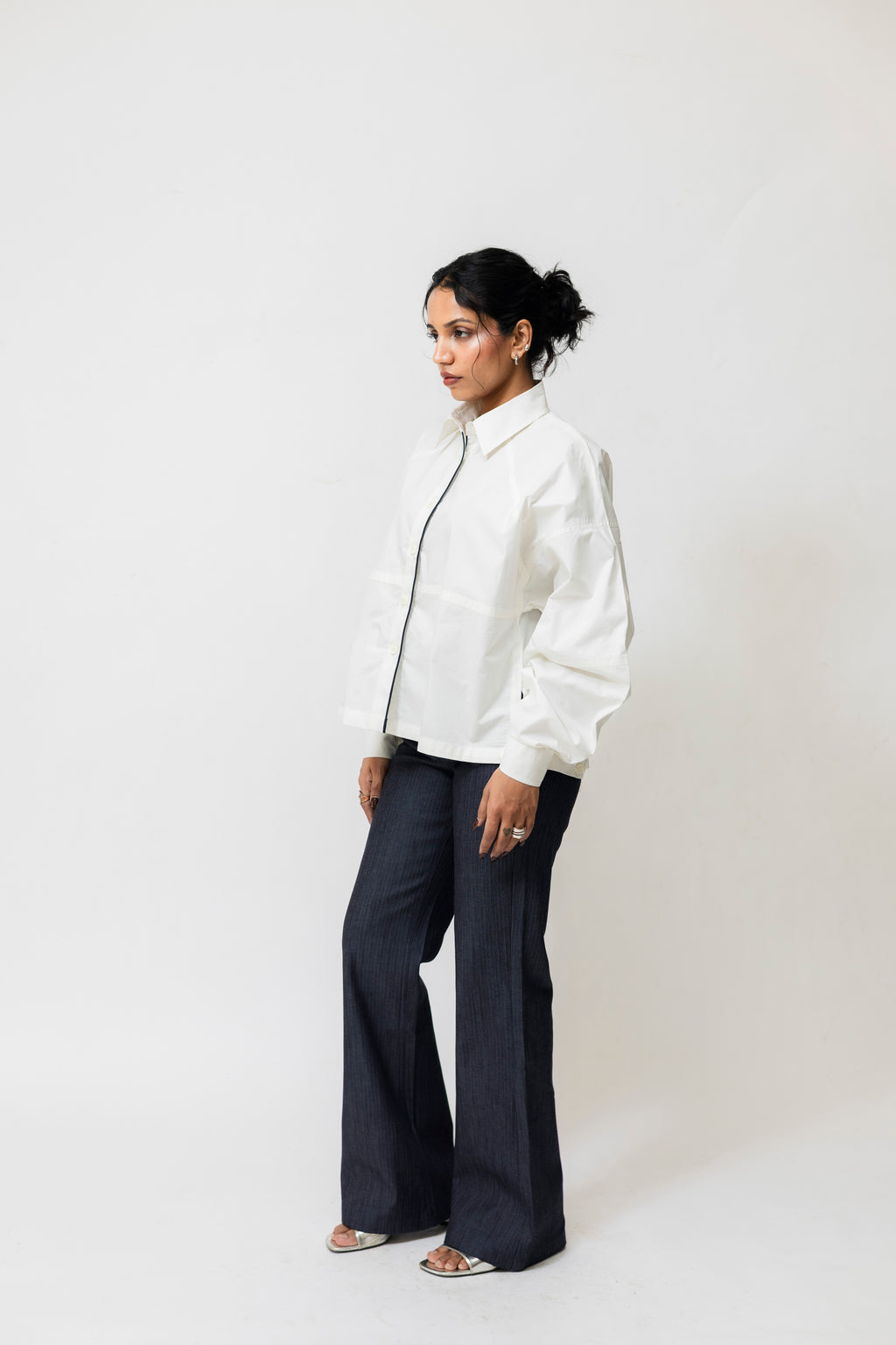 Oversized Cotton Shirt with Contrast Piping | White