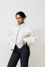 Oversized Cotton Shirt with Contrast Piping | White