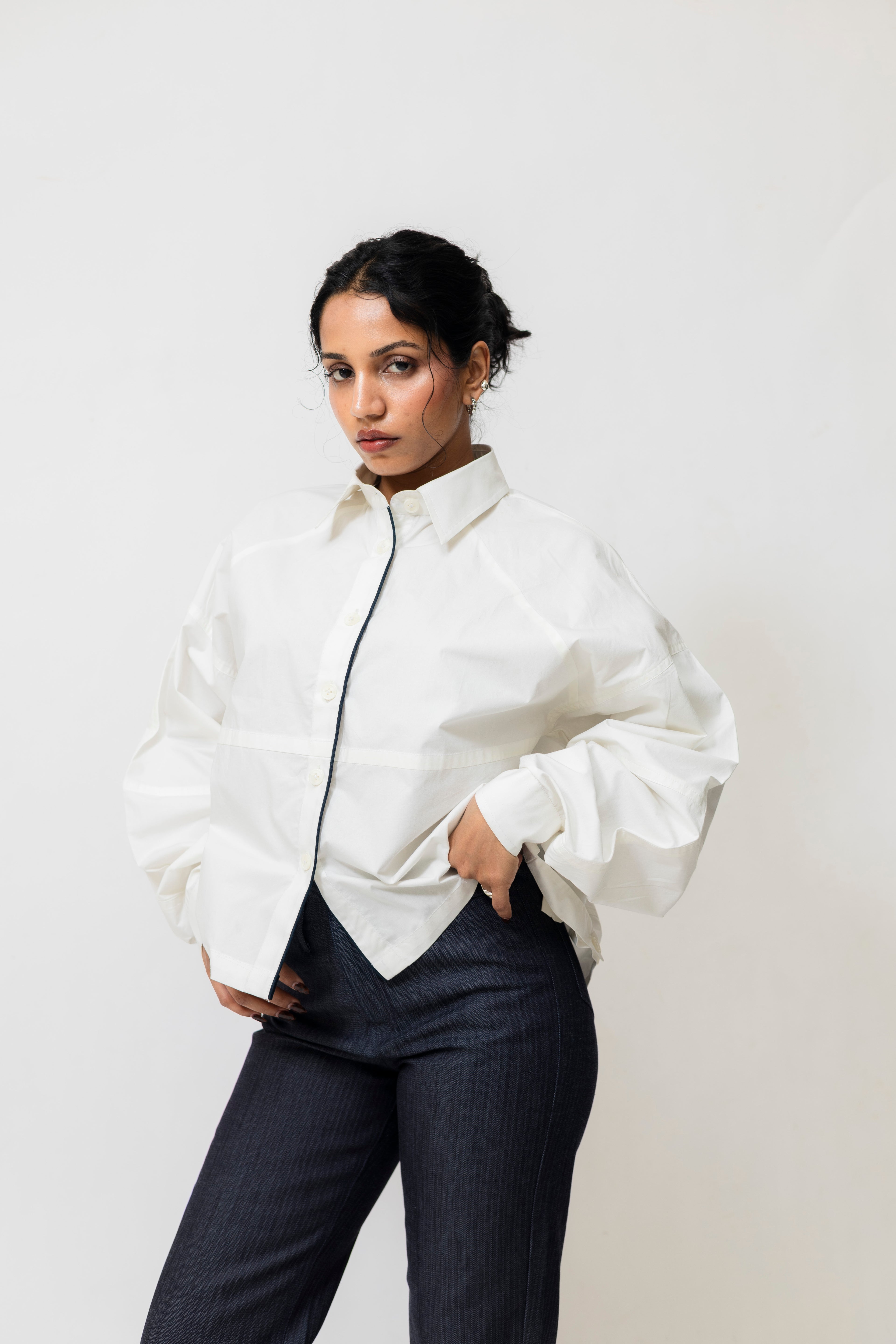 Oversized Cotton Shirt with Contrast Piping | White