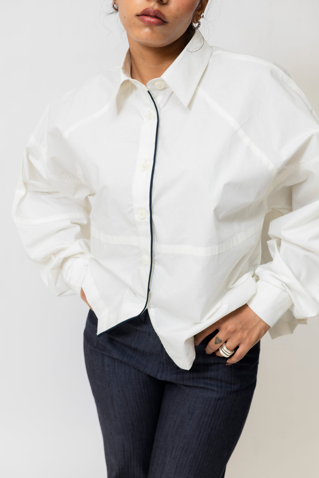 Oversized Cotton Shirt with Contrast Piping | White
