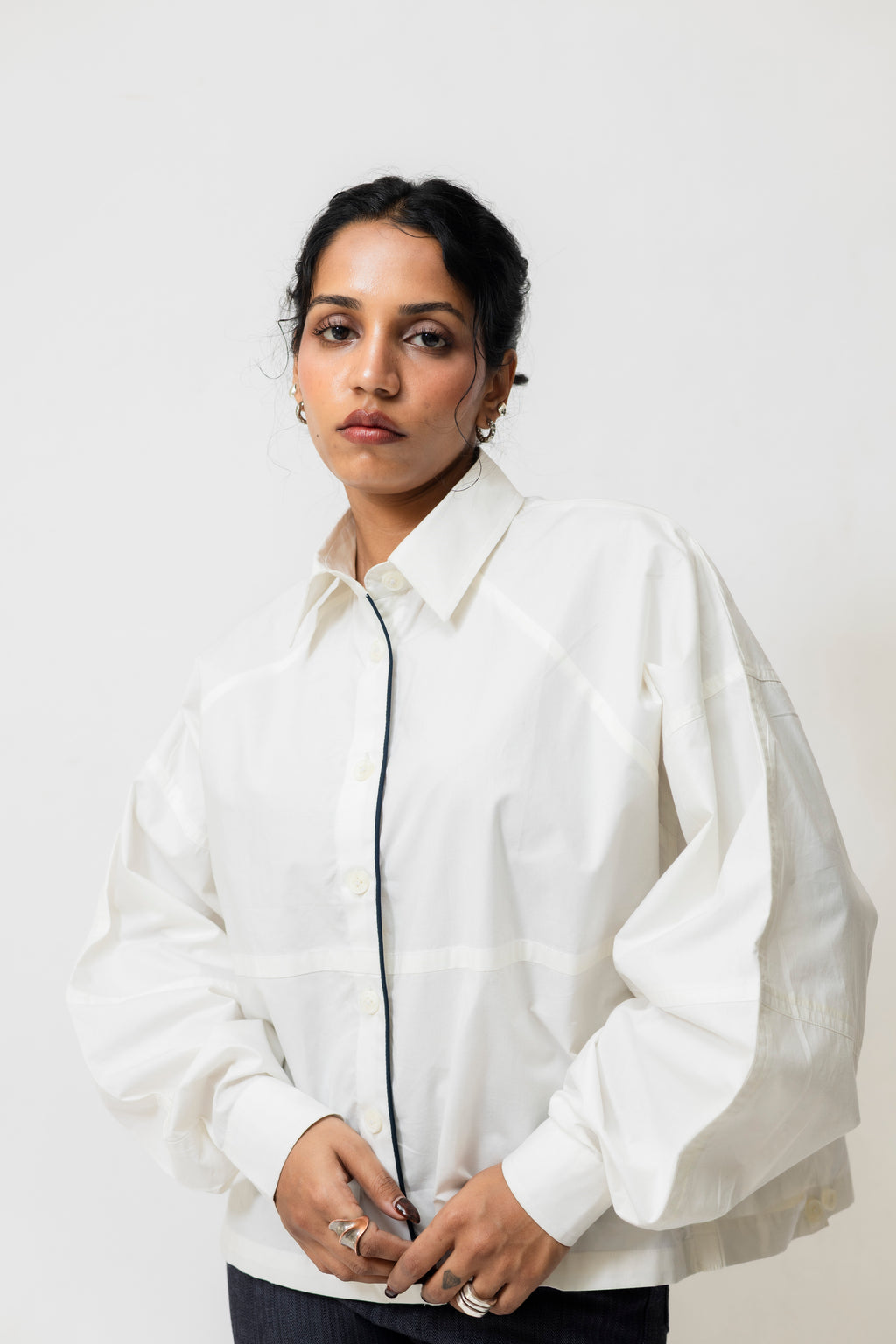 Oversized Cotton Shirt with Contrast Piping | White