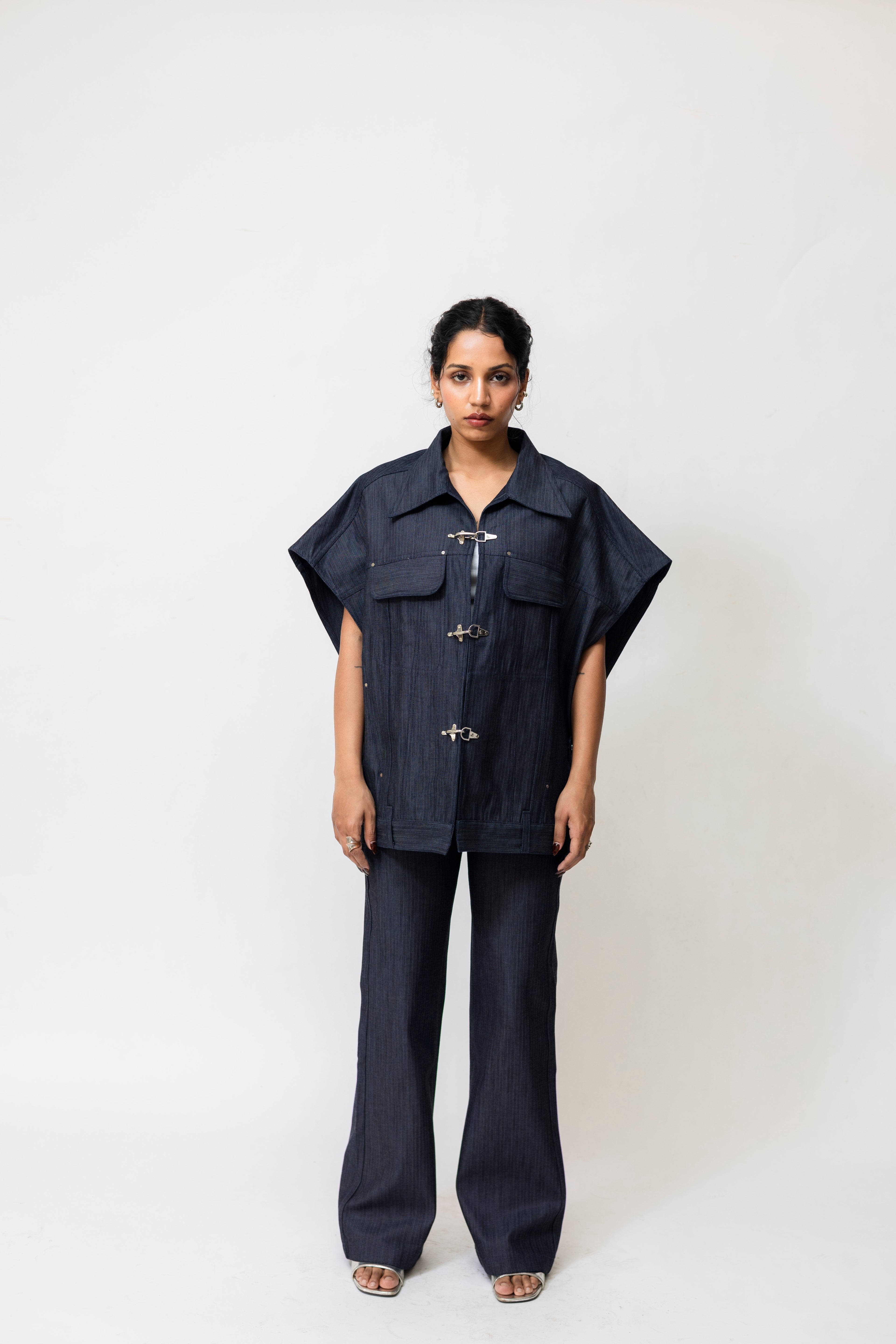 High-Waisted Herringbone Denim Flared Pants | Navy