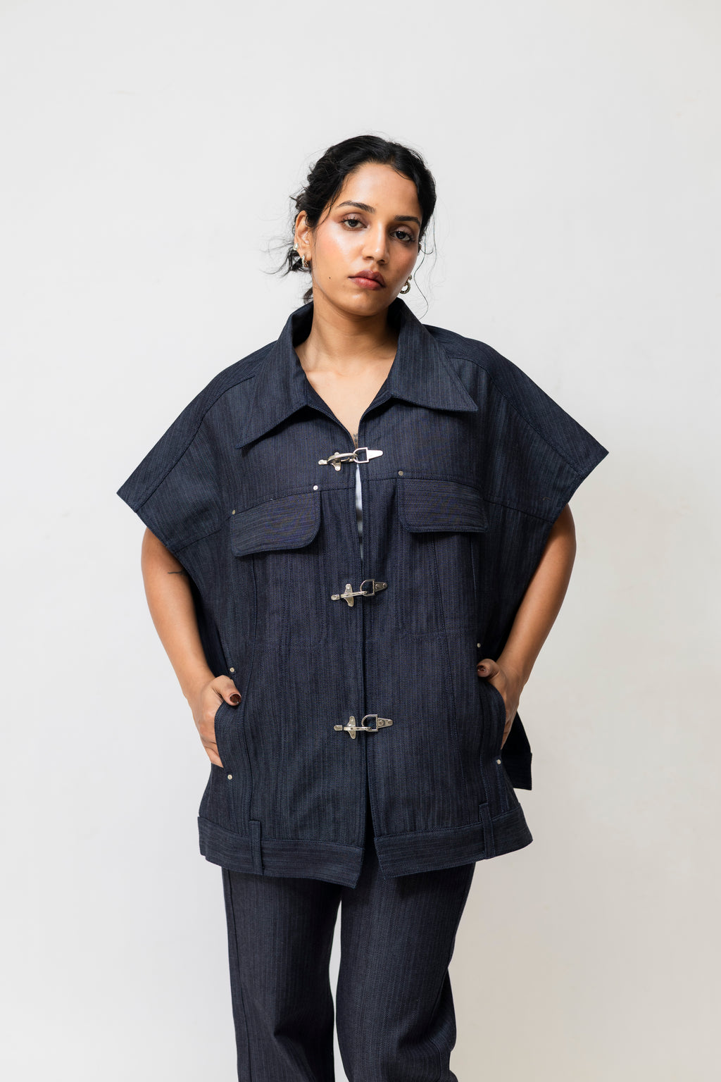 Herringbone Denim Utility Jacket with Hook Closure – Oversized | Navy Blue