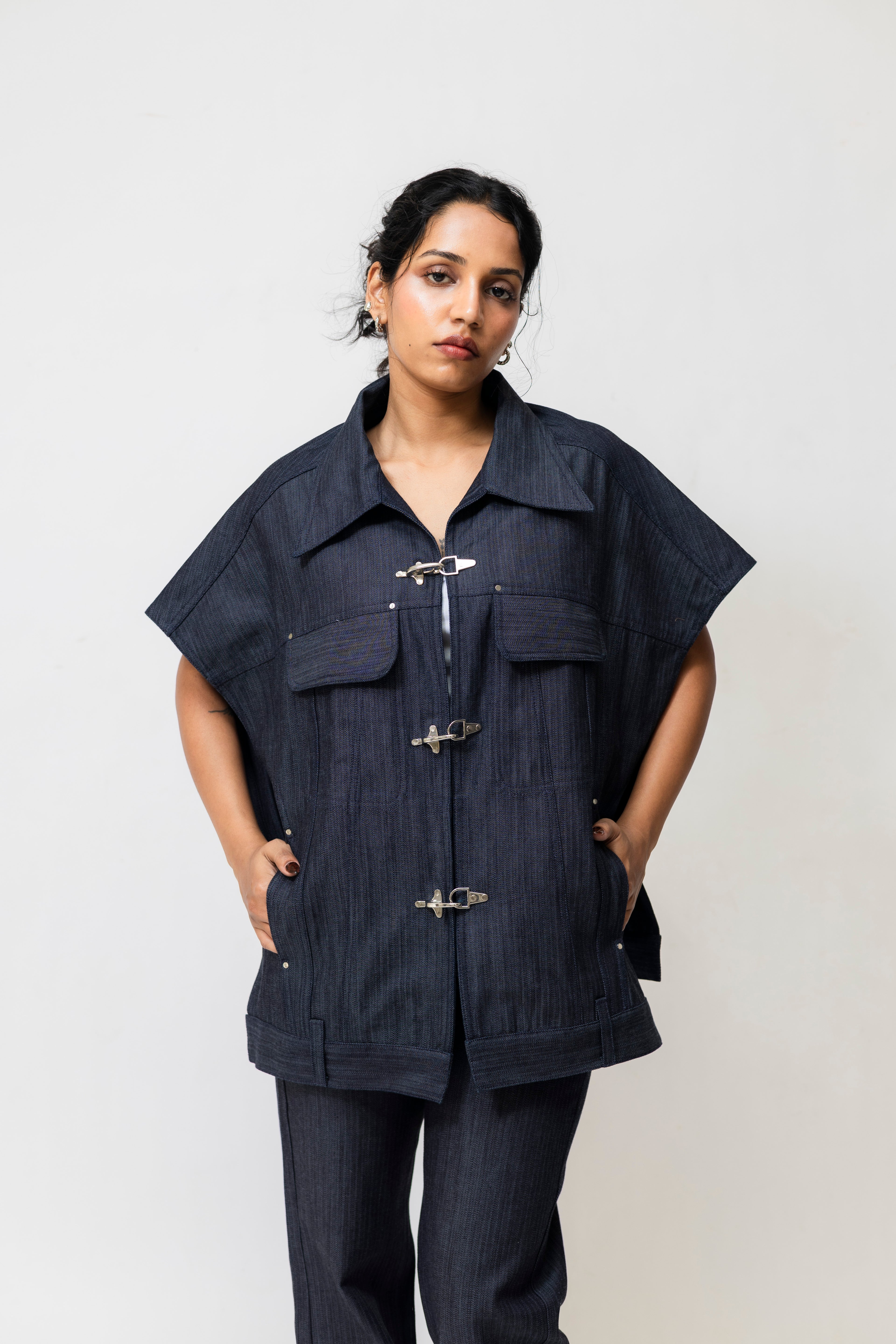 Herringbone Denim Utility Jacket with Hook Closure – Oversized | Navy Blue