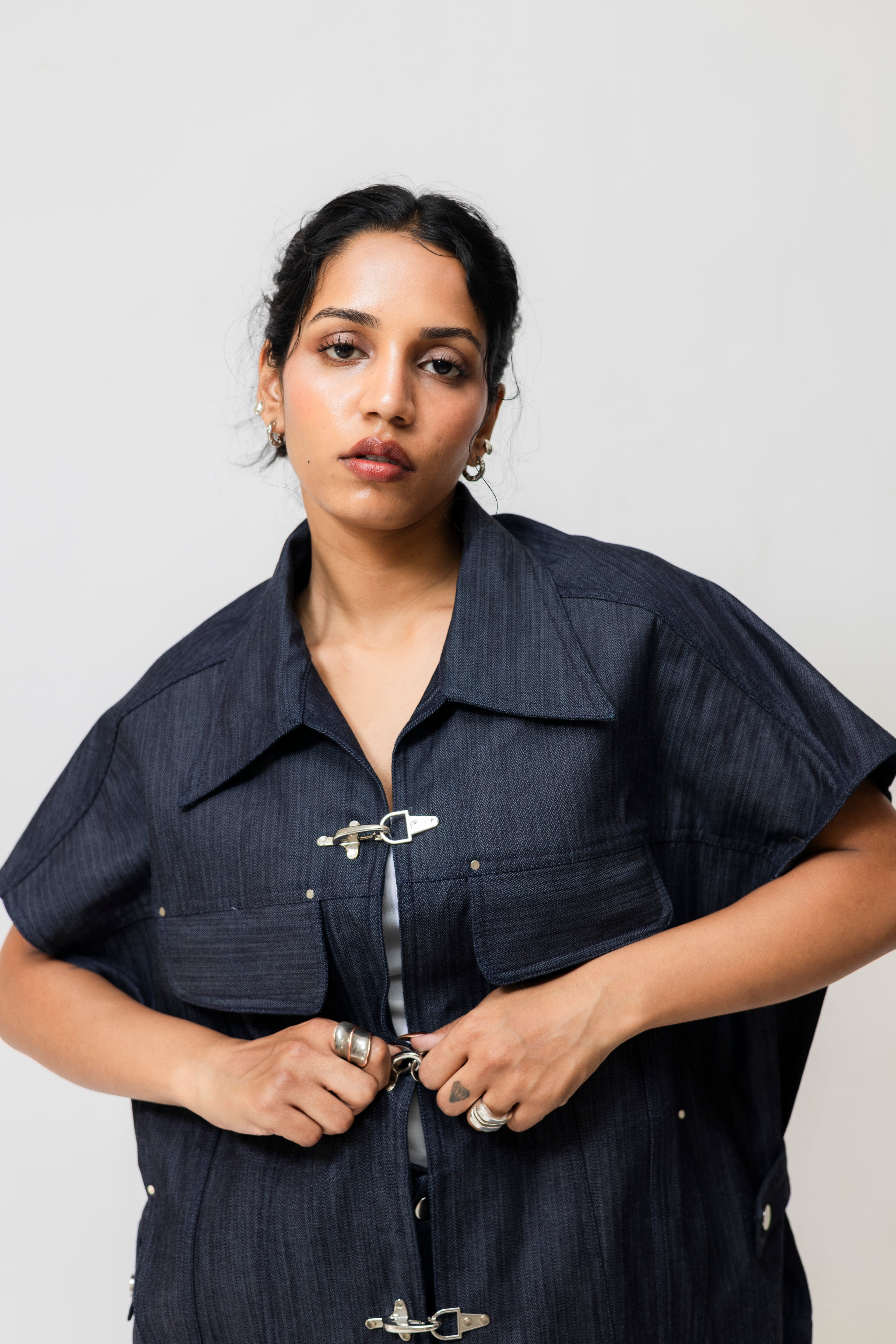 Herringbone Denim Utility Jacket with Hook Closure – Oversized | Navy Blue