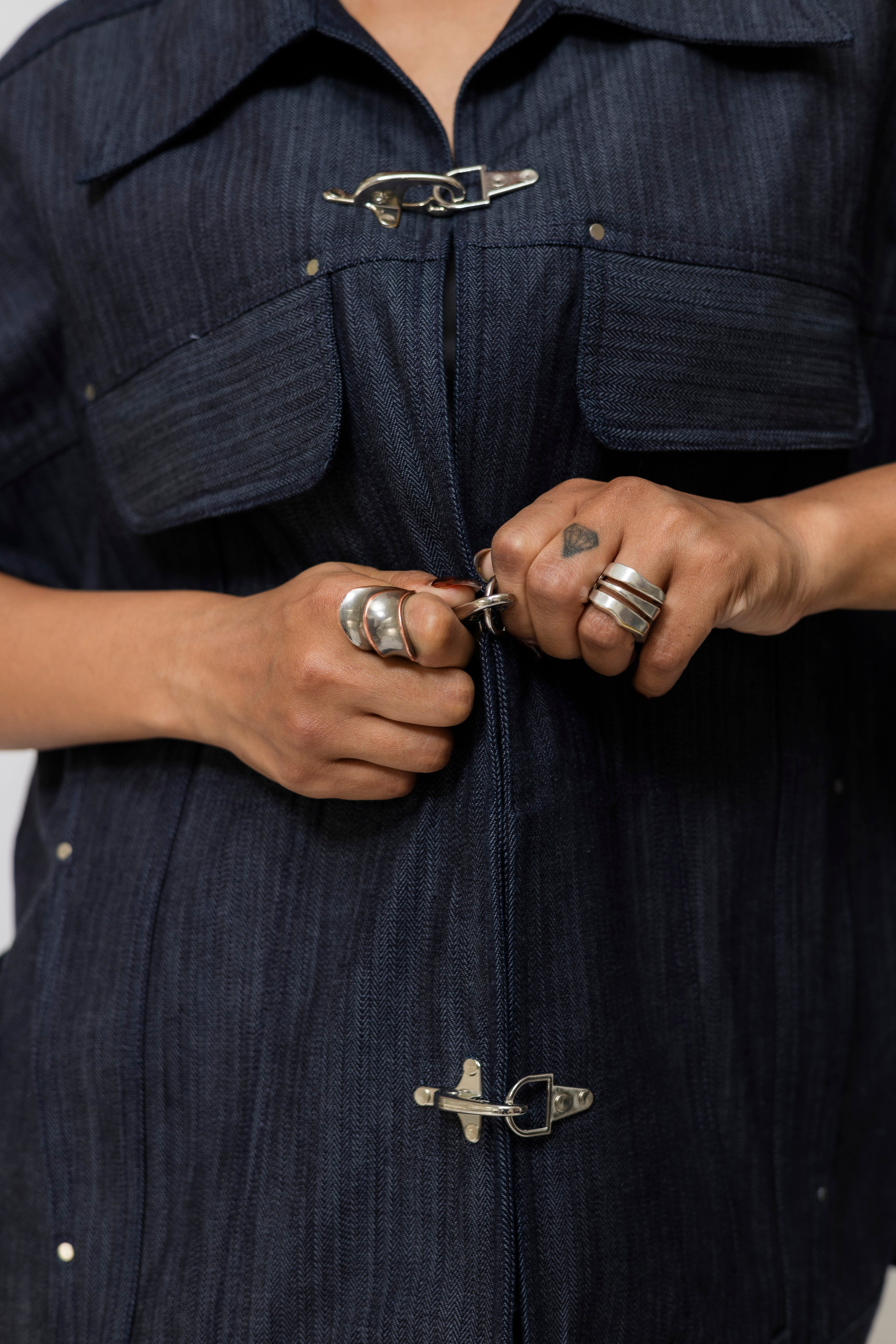 Herringbone Denim Utility Jacket with Hook Closure – Oversized | Navy Blue