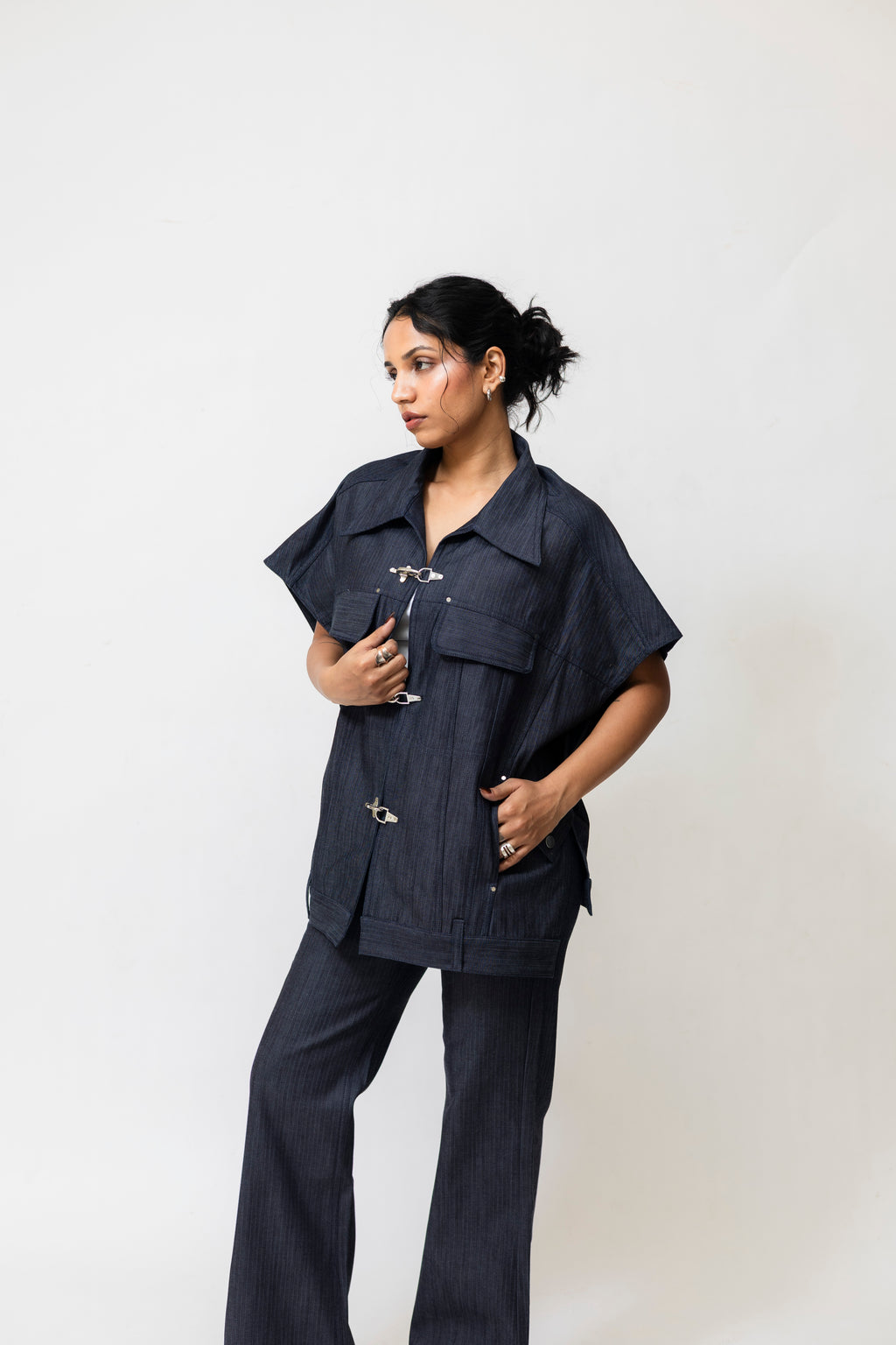 Herringbone Denim Utility Jacket with Hook Closure – Oversized | Navy Blue