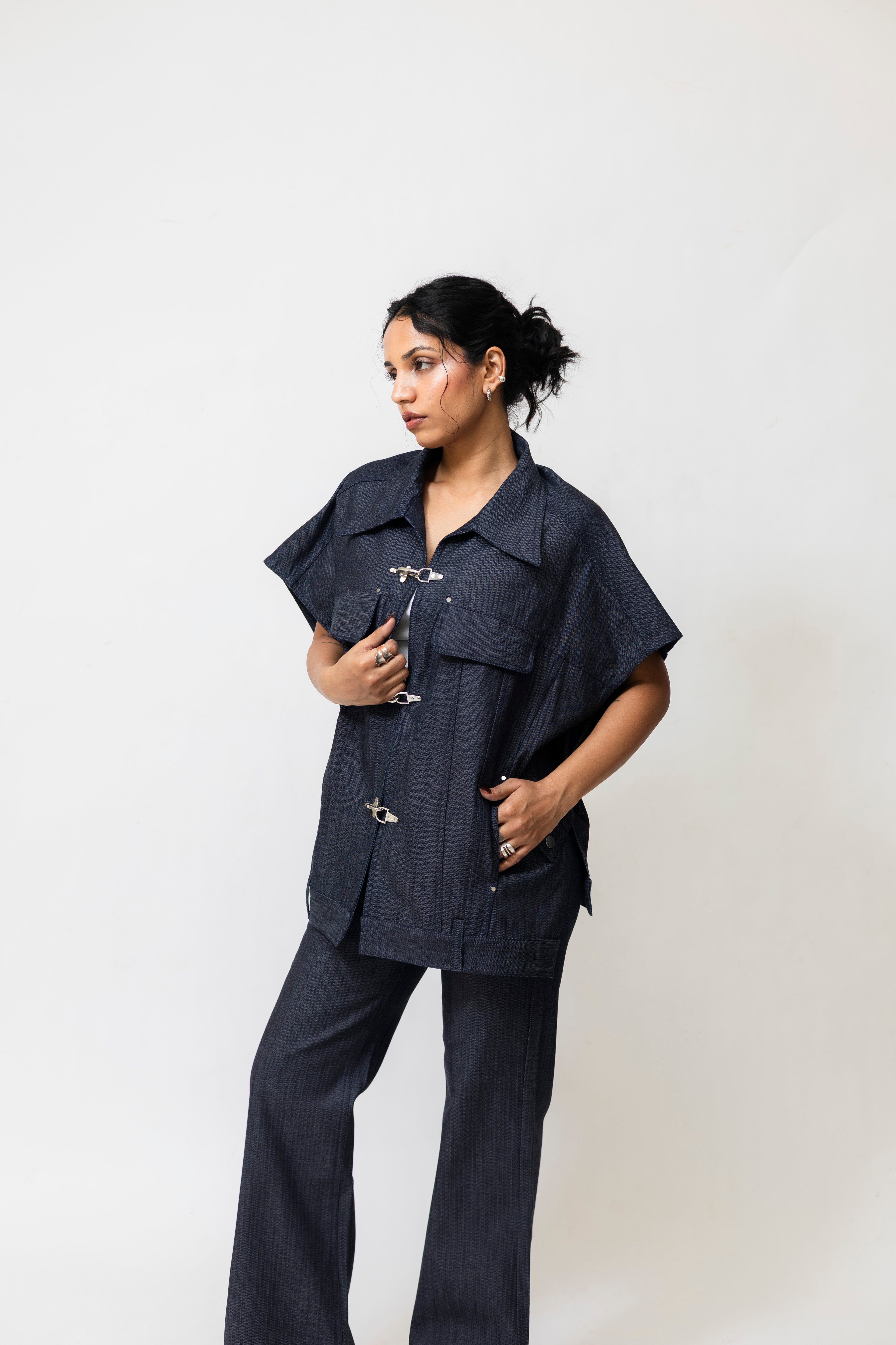 Herringbone Denim Utility Jacket with Hook Closure – Oversized | Navy Blue