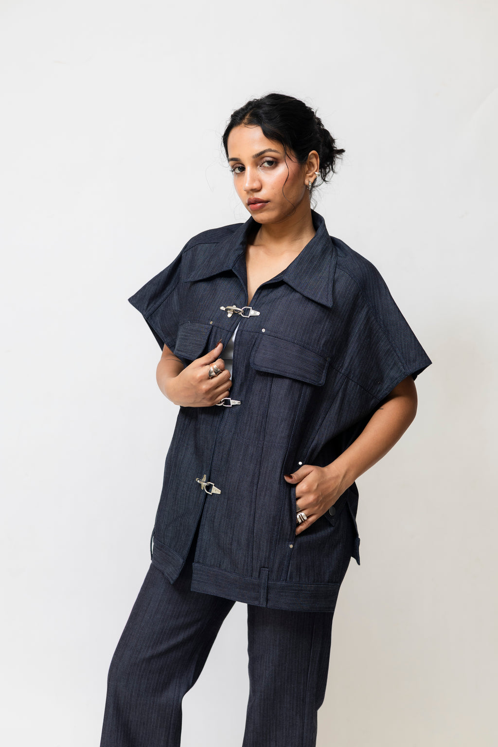 Herringbone Denim Utility Jacket with Hook Closure – Oversized | Navy Blue