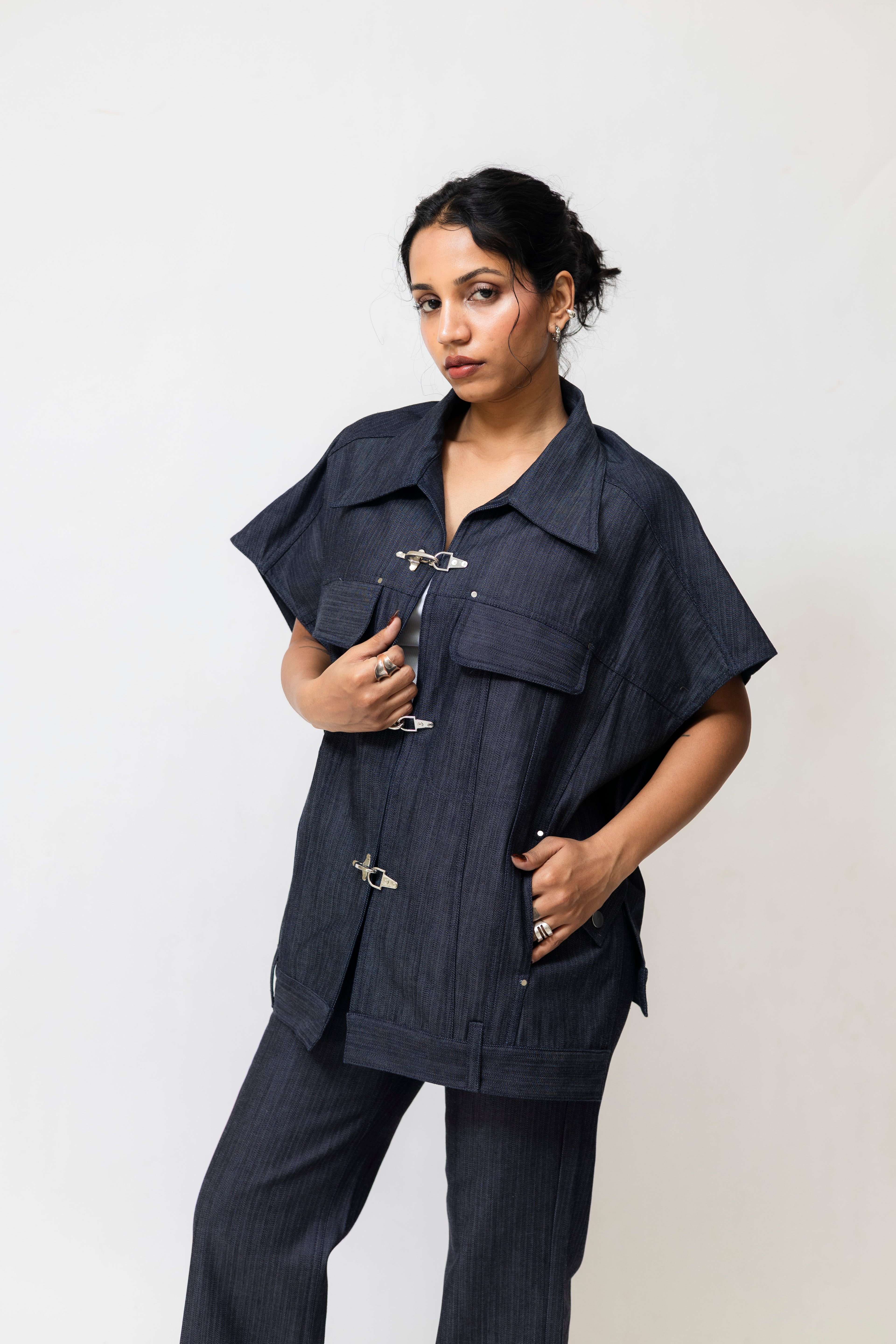 Herringbone Denim Utility Jacket with Hook Closure – Oversized | Navy Blue