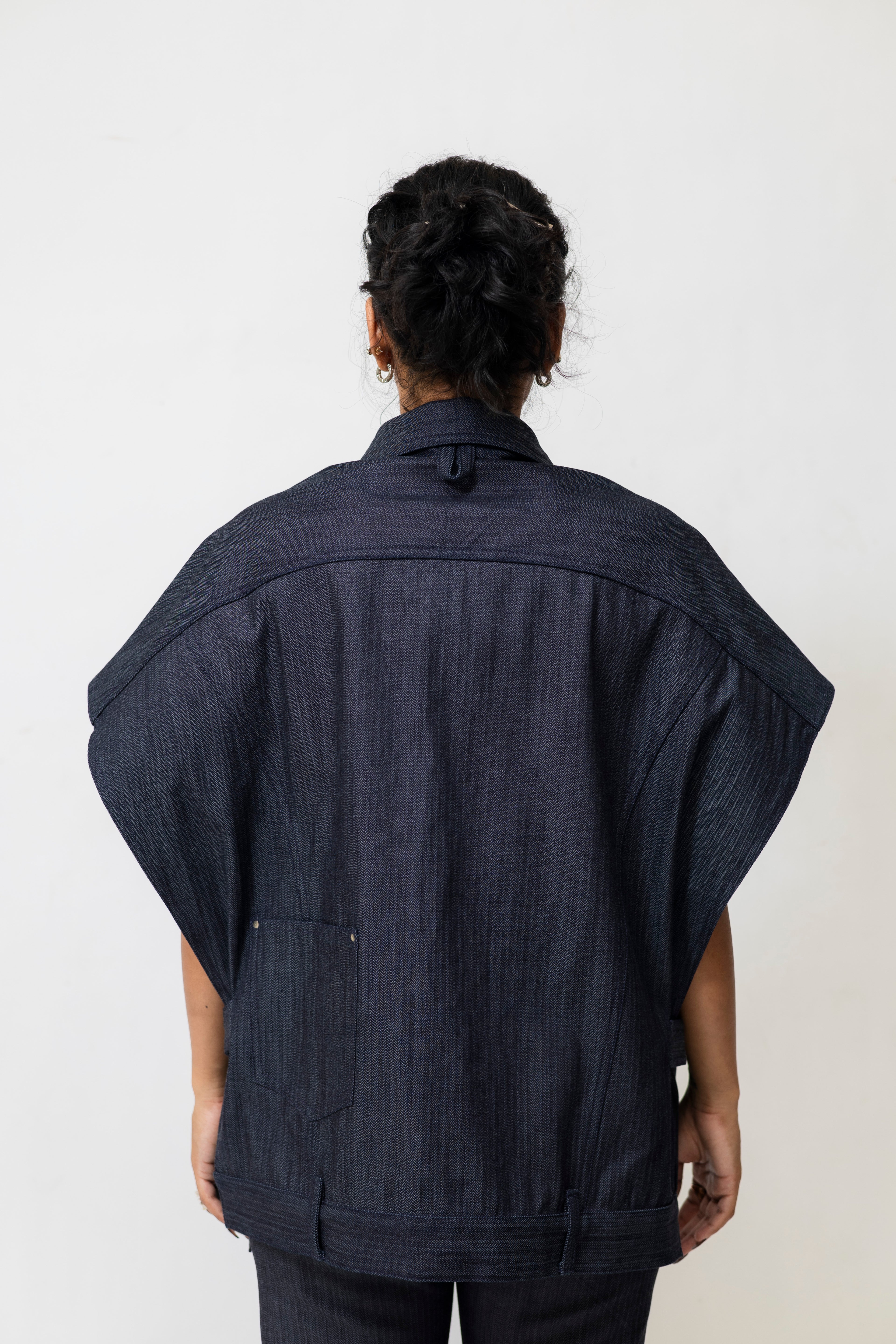 Herringbone Denim Utility Jacket with Hook Closure – Oversized | Navy Blue