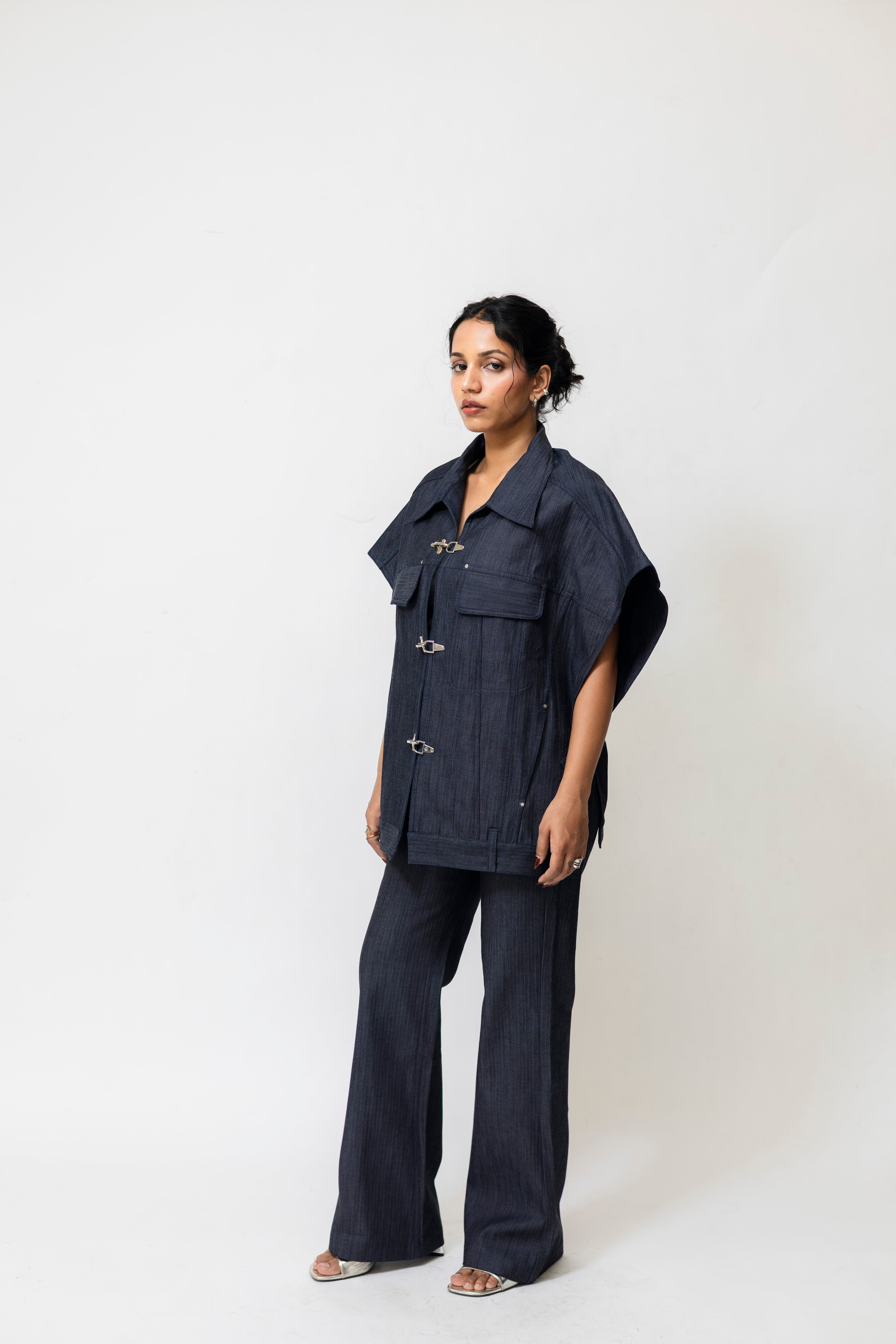 High-Waisted Herringbone Denim Flared Pants | Navy