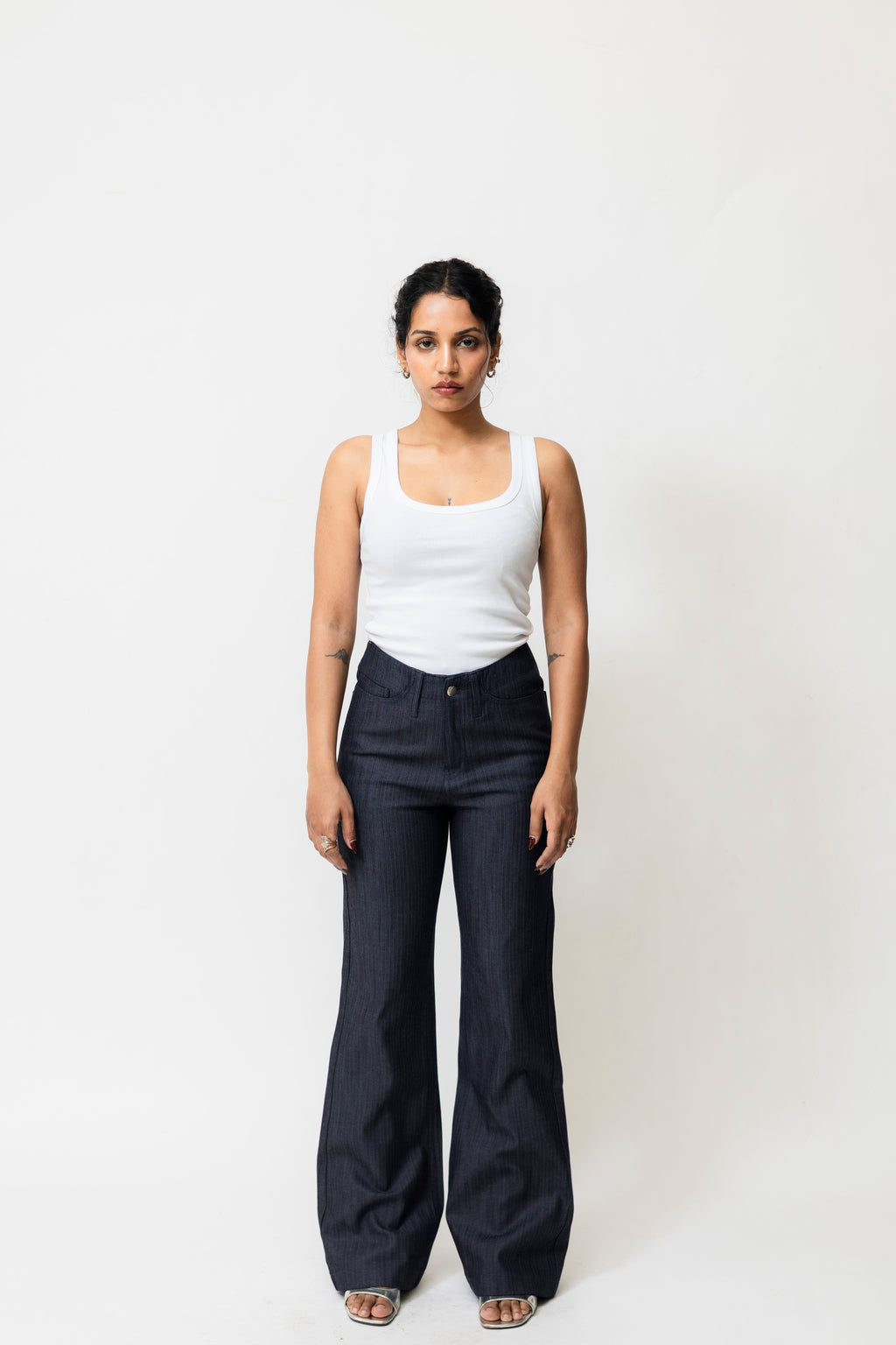 High-Waisted Herringbone Denim Flared Pants | Navy