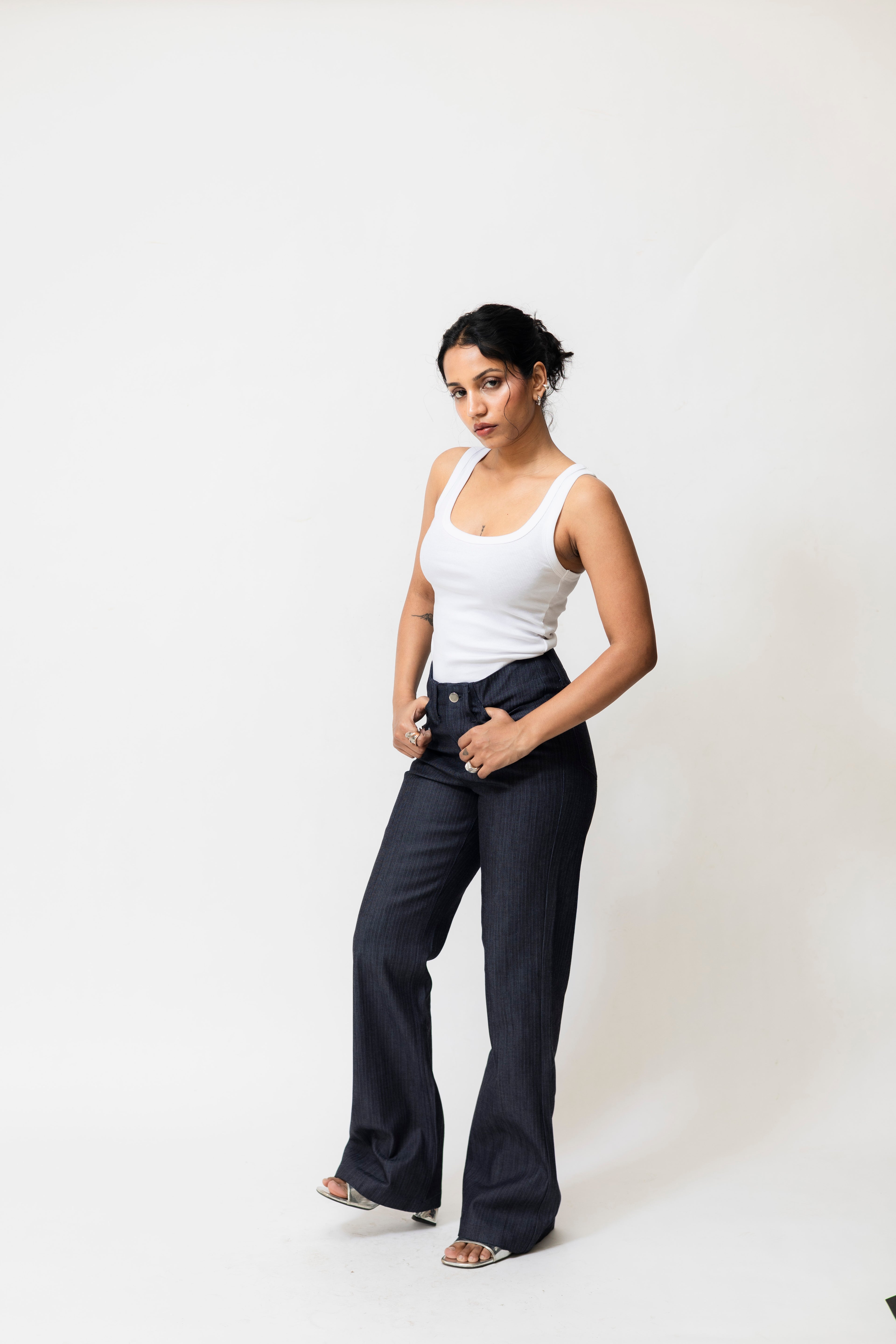 High-Waisted Herringbone Denim Flared Pants | Navy