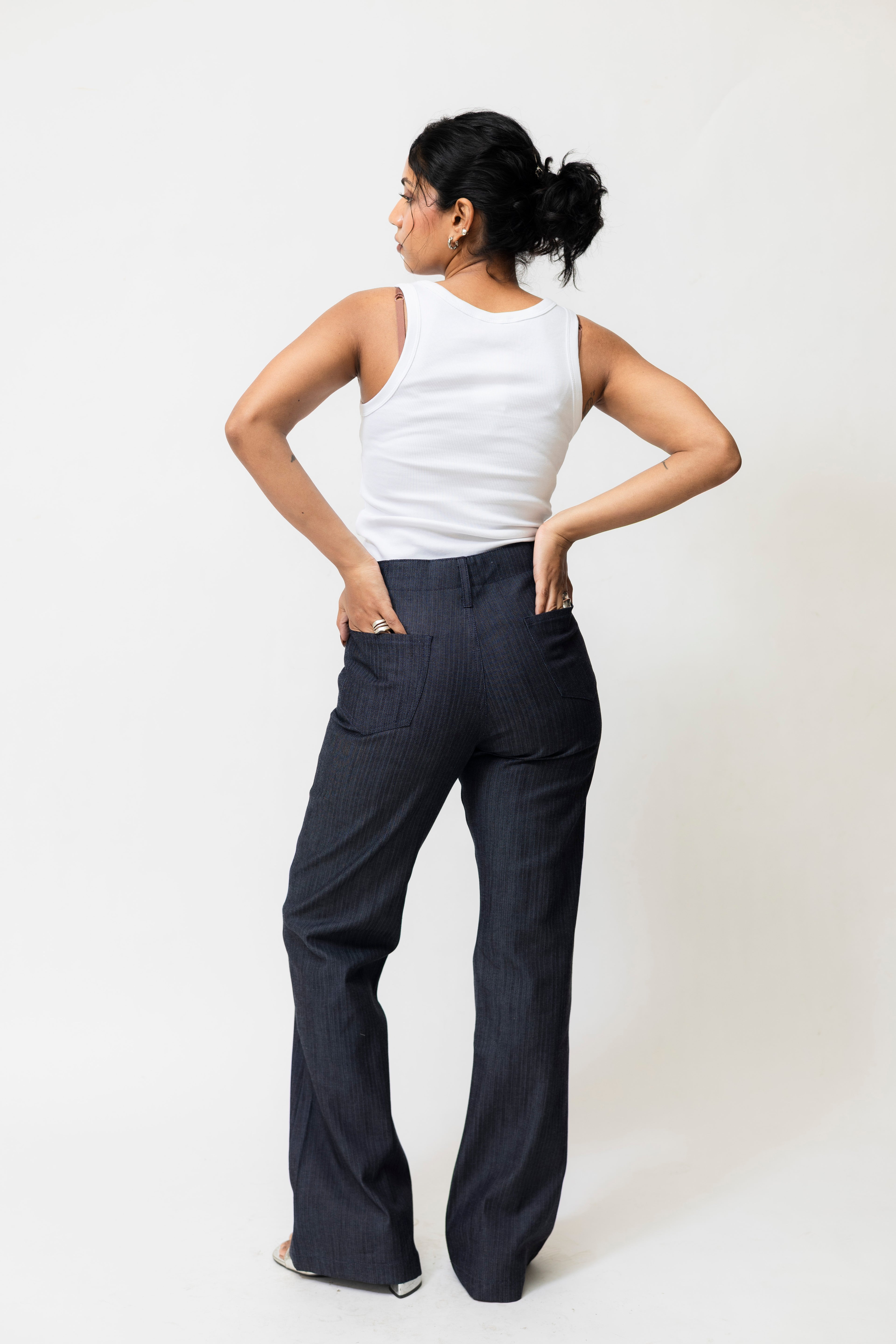 High-Waisted Herringbone Denim Flared Pants | Navy