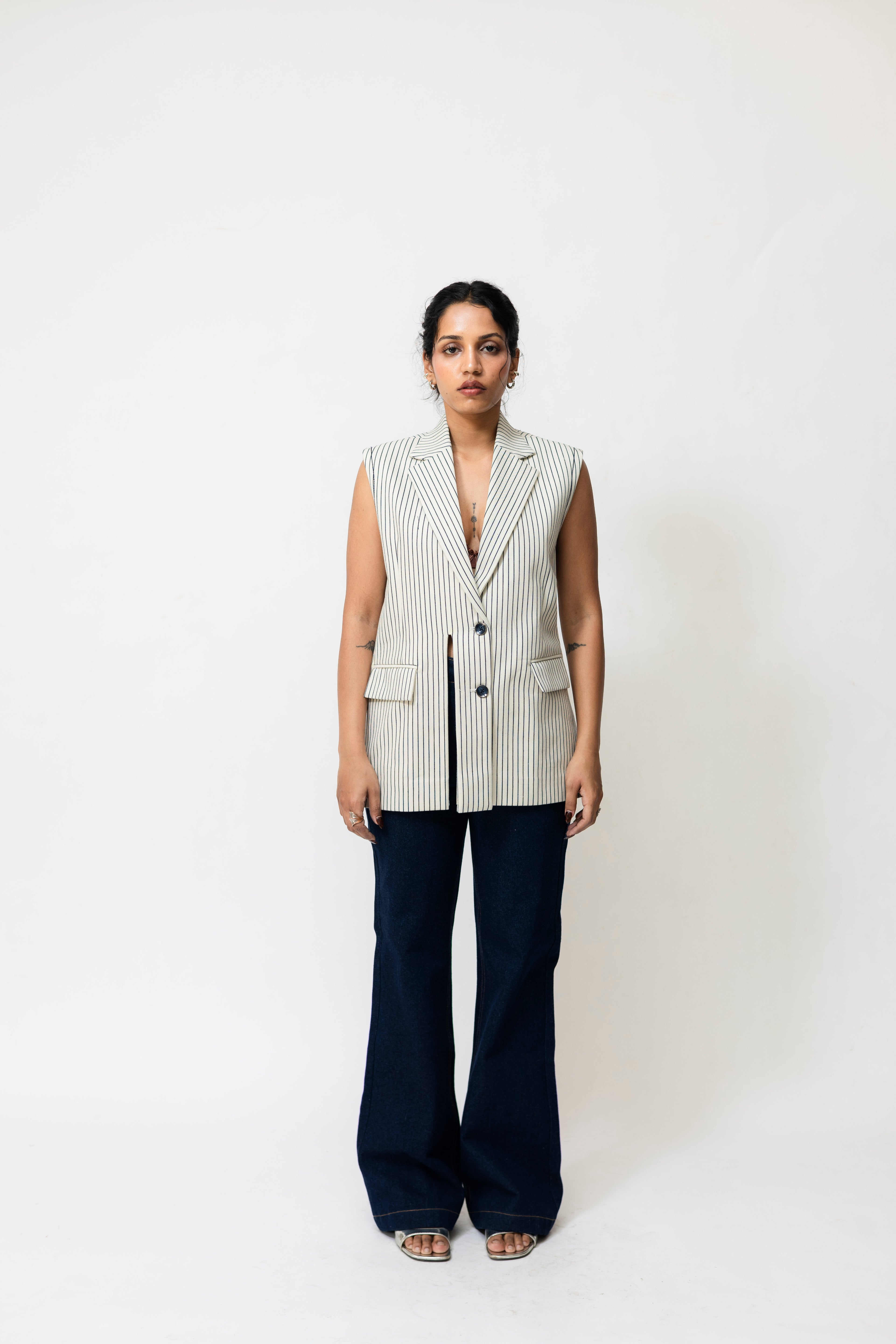 Striped Denim Waistcoat with Front Slit | Tailored Fit